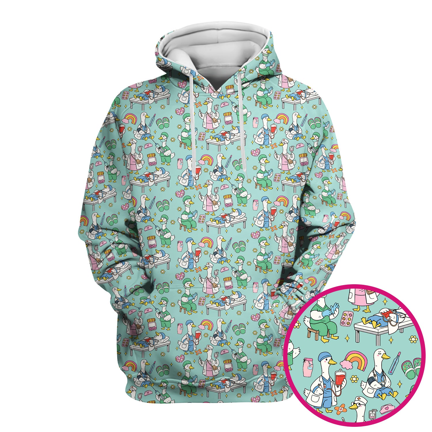 Funny Nurse Duck Medical Doodle Pattern Scrub Top, Comfortable Nurse Workwear Top