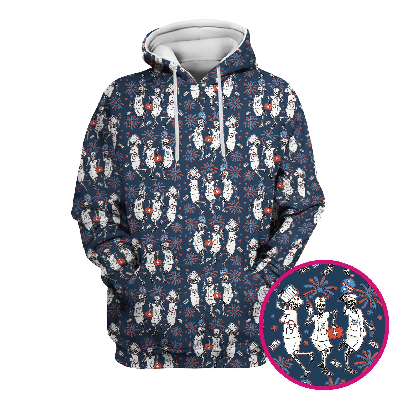 Funny Skeleton Nurse Patriotic Print Scrub Top, Halloween USA Fireworks Nursing Uniform for Women
