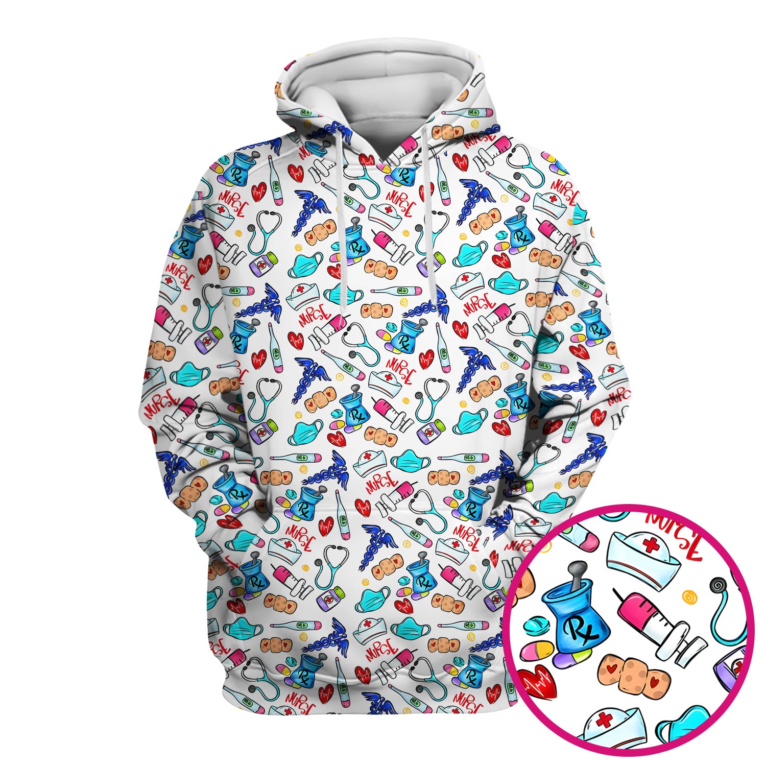 Nurse Medical Icons Stethoscope Heart Pattern Scrub Top, Comfortable Scrubs for Nurses