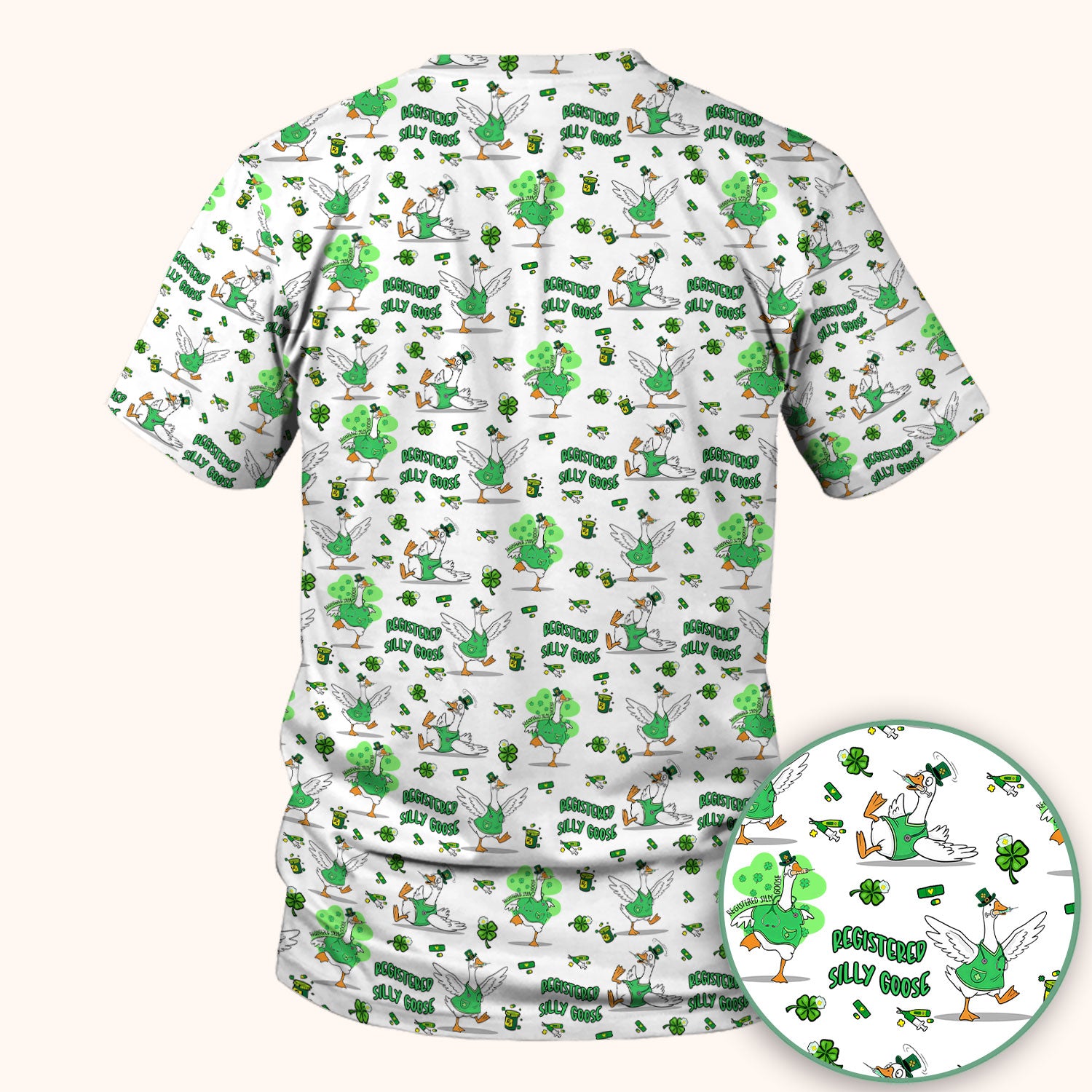 Silly Goose St. Patrick’s Day Scrub Top, Funny Goose Shamrock Pattern Nurse Scrub Shirt, Irish Green Nursing Uniform