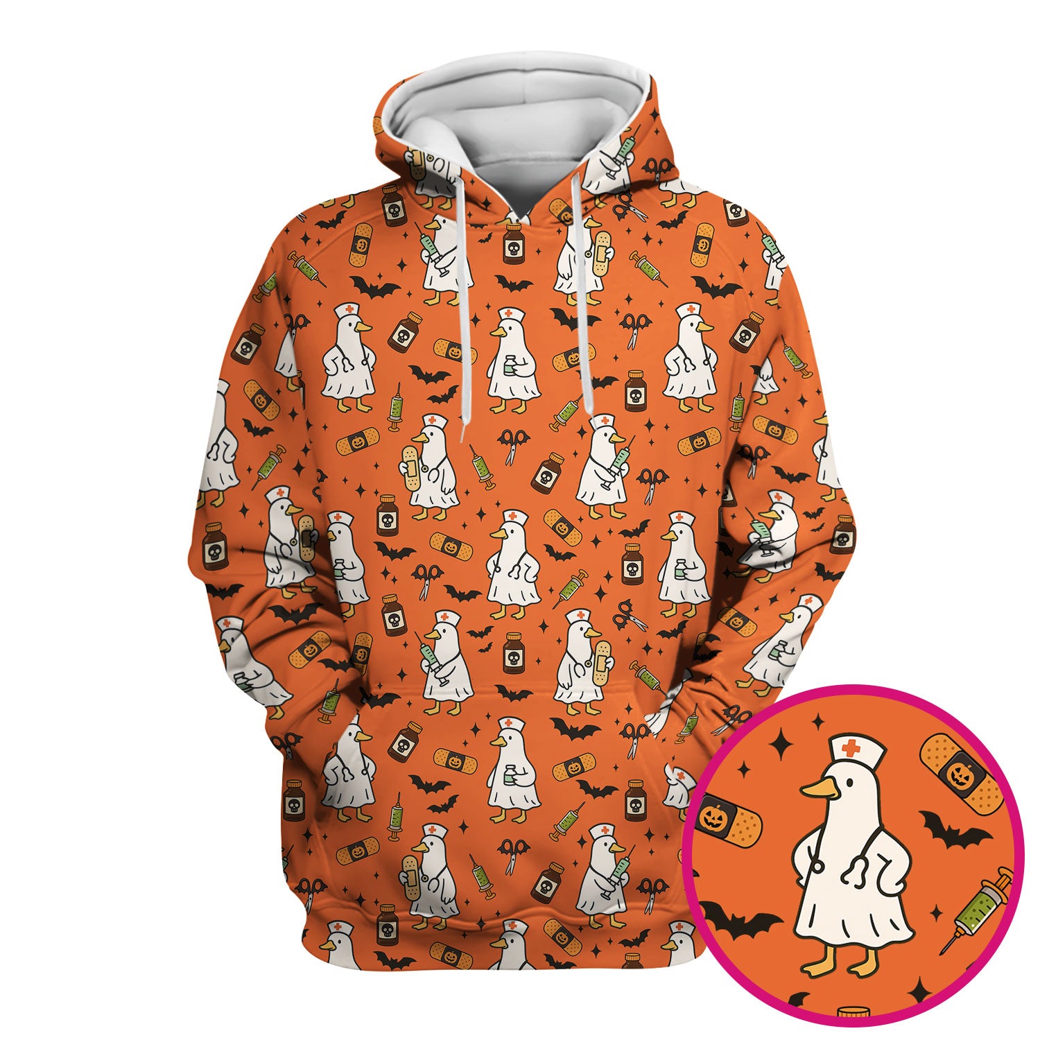 Funny Goose Nurse Scrub Top - Cute Halloween Duck Pattern Shirt with Bats & Bandages - Spooky Nursing Gift for Women RN LPN CNA