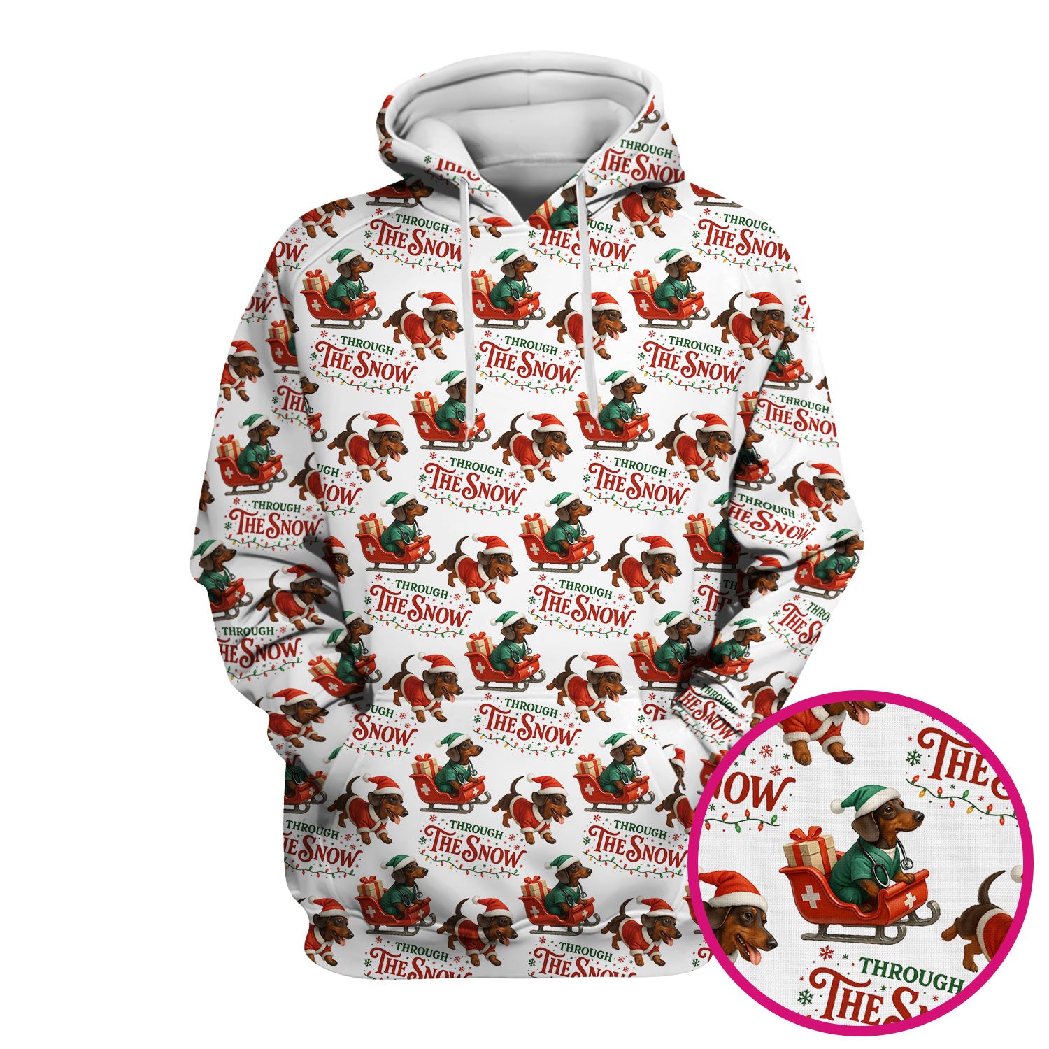 Dachshund Christmas Scrub Top, Cute Dog Nurse Scrub Shirt, Through The Snow Pattern Nursing Uniform