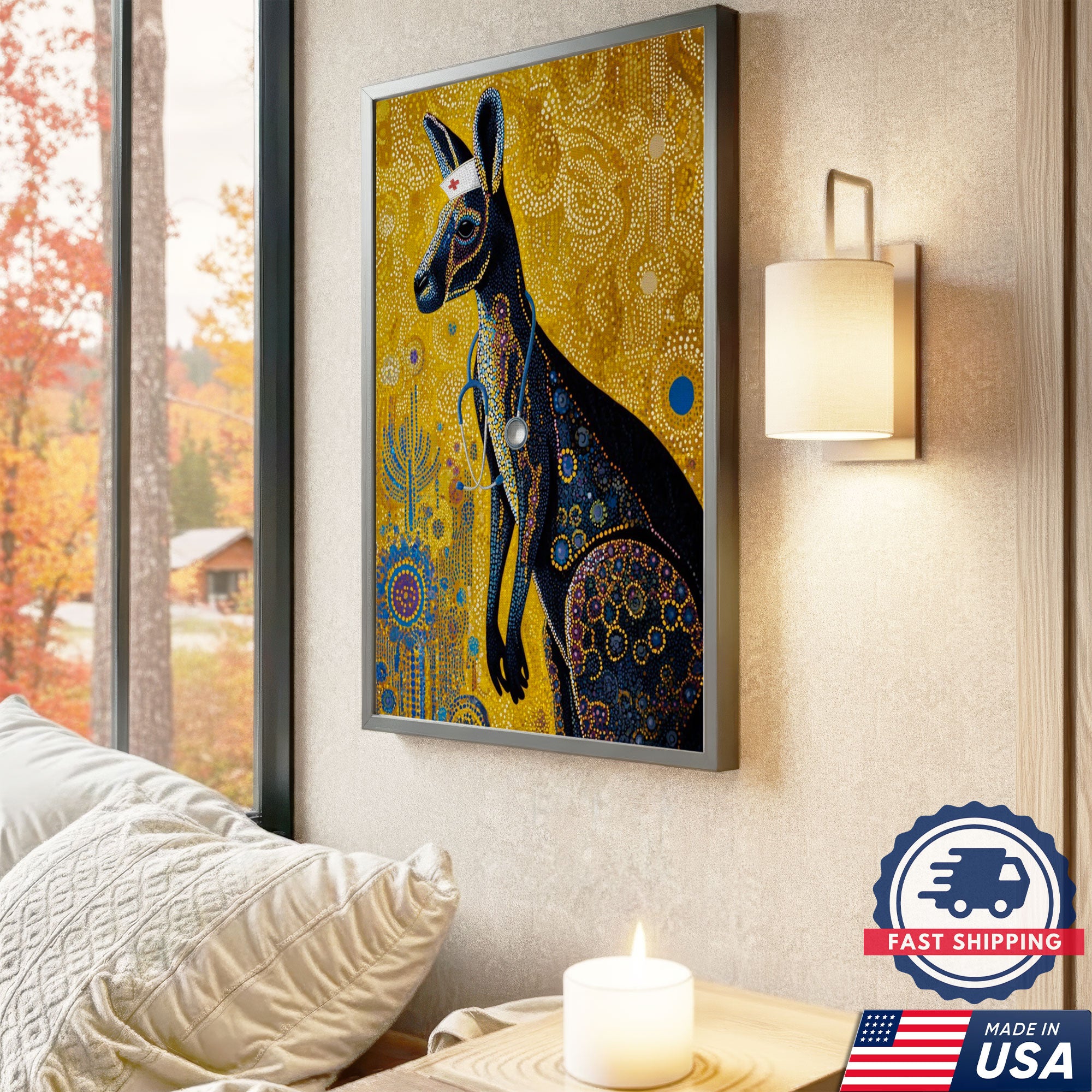 Aboriginal Style Kangaroo Canvas, Kangaroo Nurse Dot Art Poster, Australian Wildlife Decor For Nursing