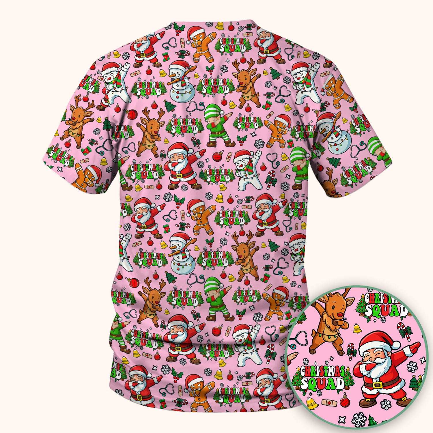 Christmas Squad Scrub Top - Dancing Santa, Reindeer & Elf Shirt - Funny Holiday Medical Uniform for Nurses, Doctors & Vet Techs