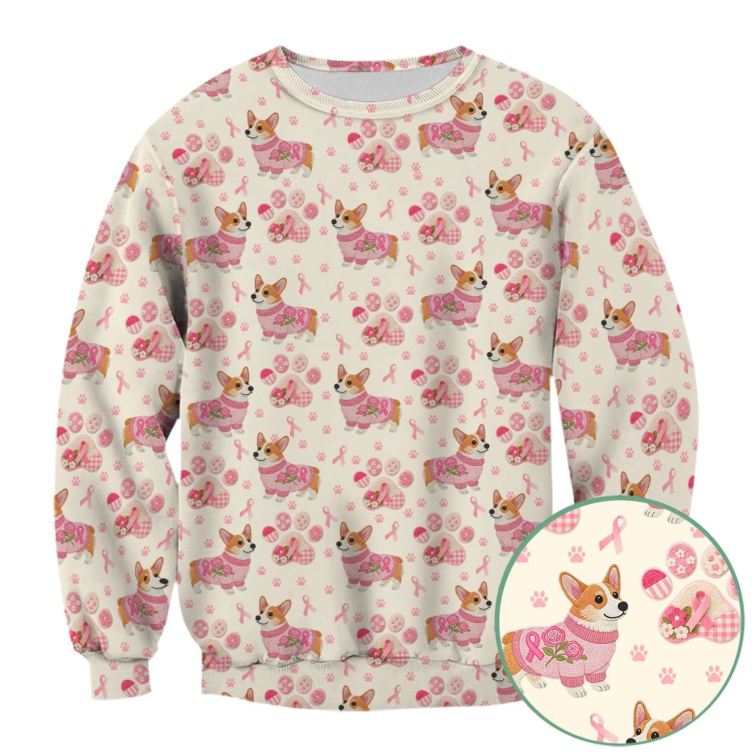 Floral Corgi Scrub Top for Women - Cute Dog Paw Print with Pink Ribbon Shirt - Breast Cancer Awareness October Gift