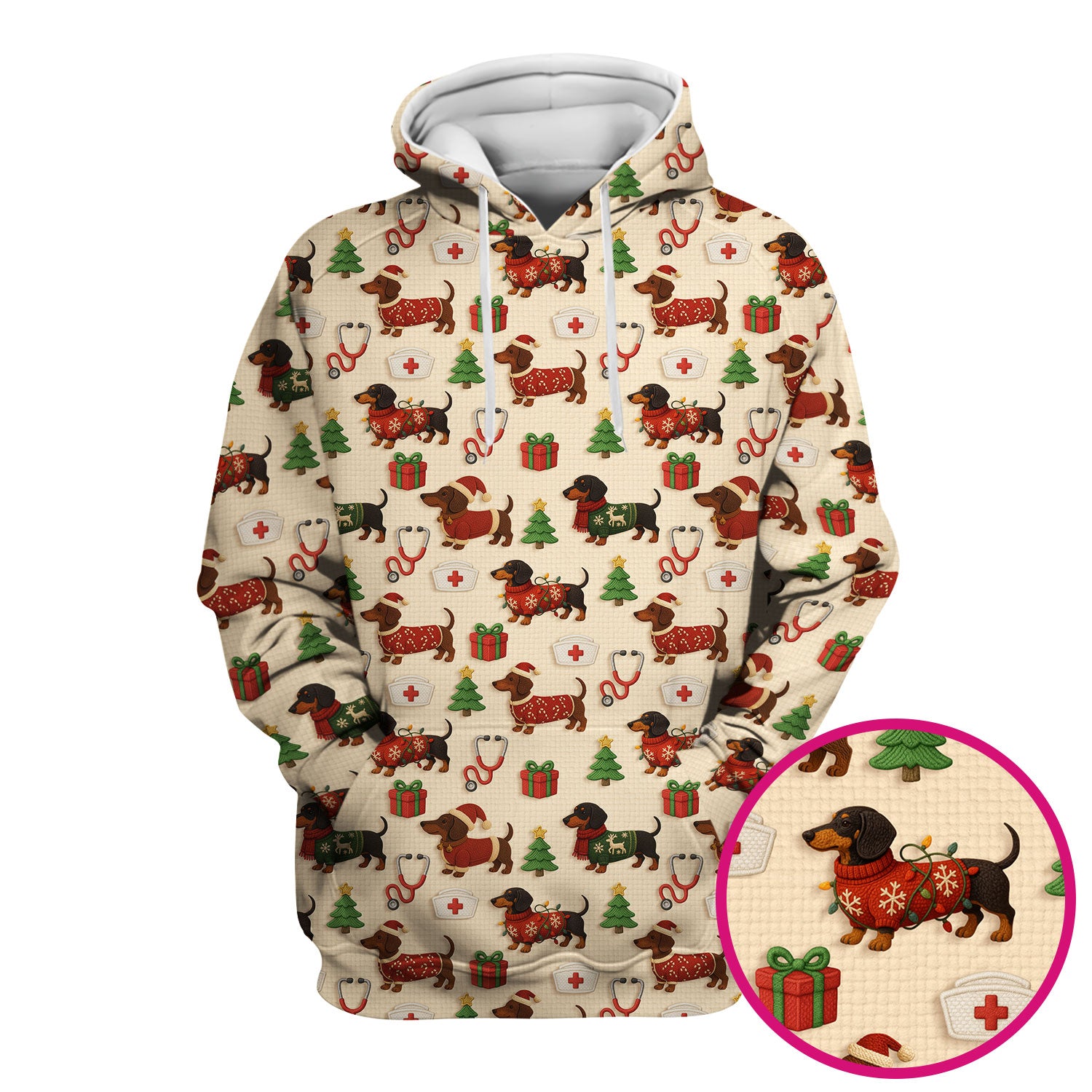 Christmas Nurse Scrubs for Women - Cute Dachshund Dog Print with Holiday Gifts & Trees - Custom Multi Color Nursing Shirt Gift
