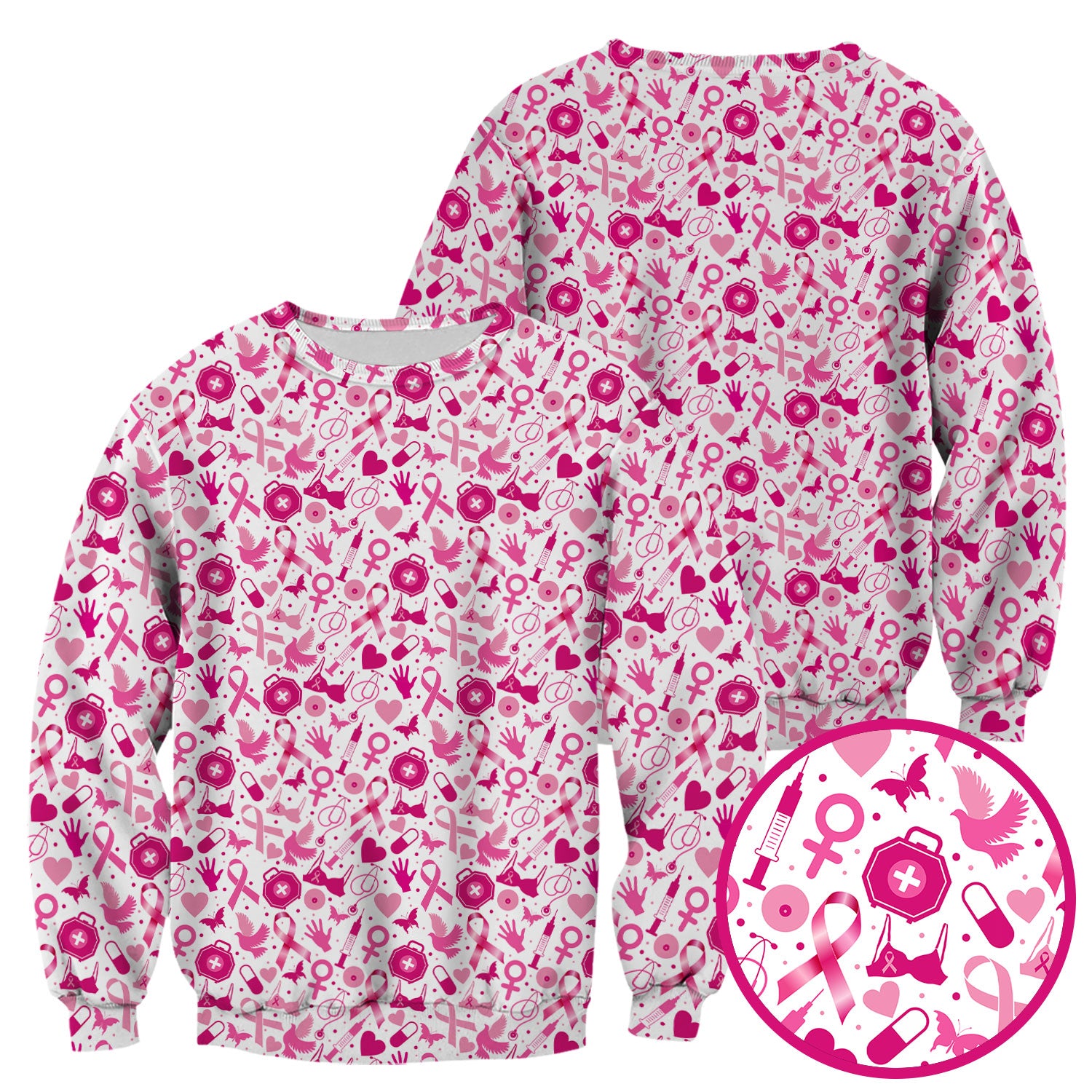 Breast Cancer Awareness Shirt - Pink Ribbon & Nurse Icons Pattern - Gift for RN LPN Healthcare Workers