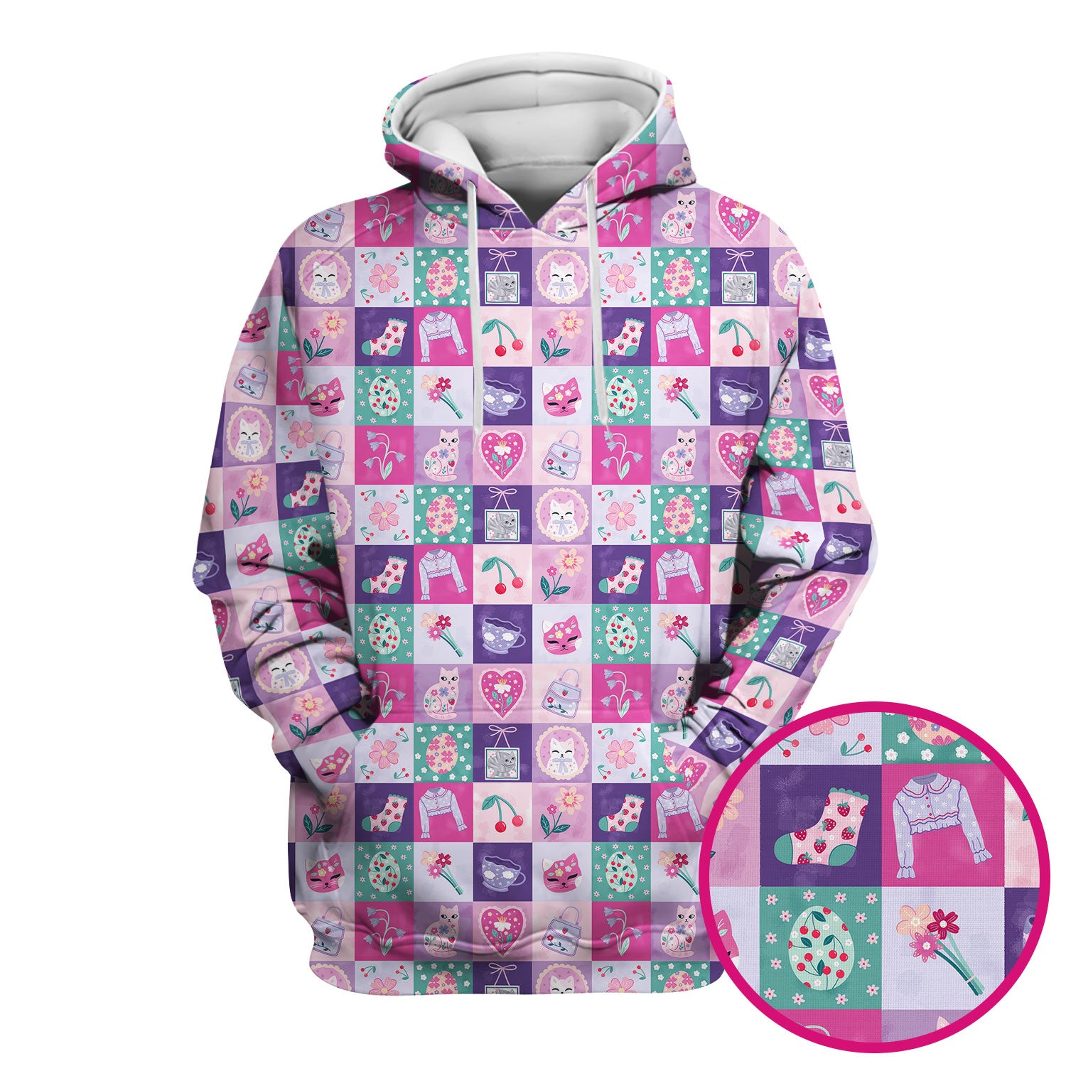 Pastel Cat Patchwork Scrub Top, Kawaii Floral Nursing Uniform