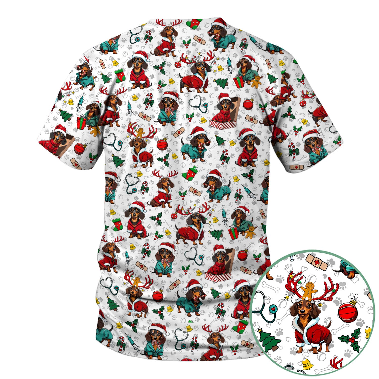 Christmas Dachshund Scrubs for Nurses - Cute Sausage Dog Holiday Scrub Top - Funny Reindeer & Santa Medical Shirt for Women