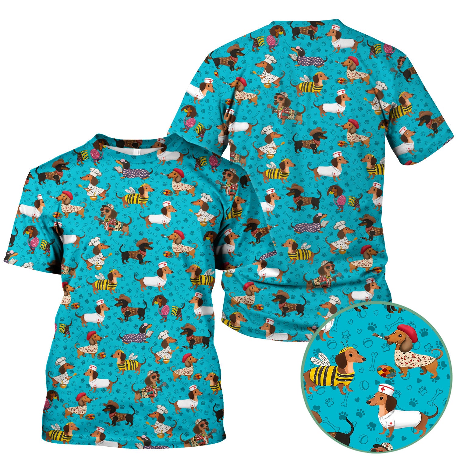 Funny Wiener Dog Nurse Scrub Top - Dachshund in Bee, Chef, Nurse Costumes - Cute Sausage Dog Medical Shirt for Women RN CNA LPN