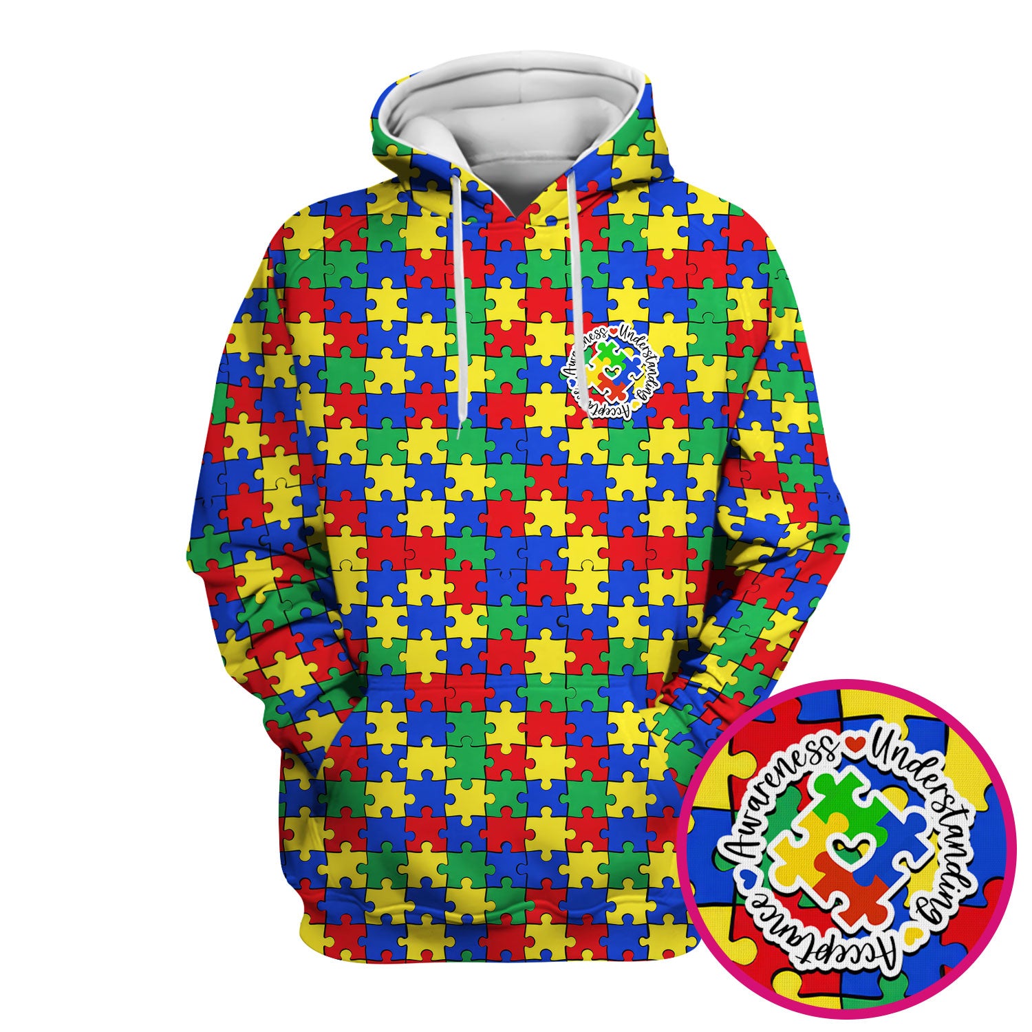 Autism Awareness Puzzle Pattern Scrub Top, Breathable Fabrics Nursing Uniform