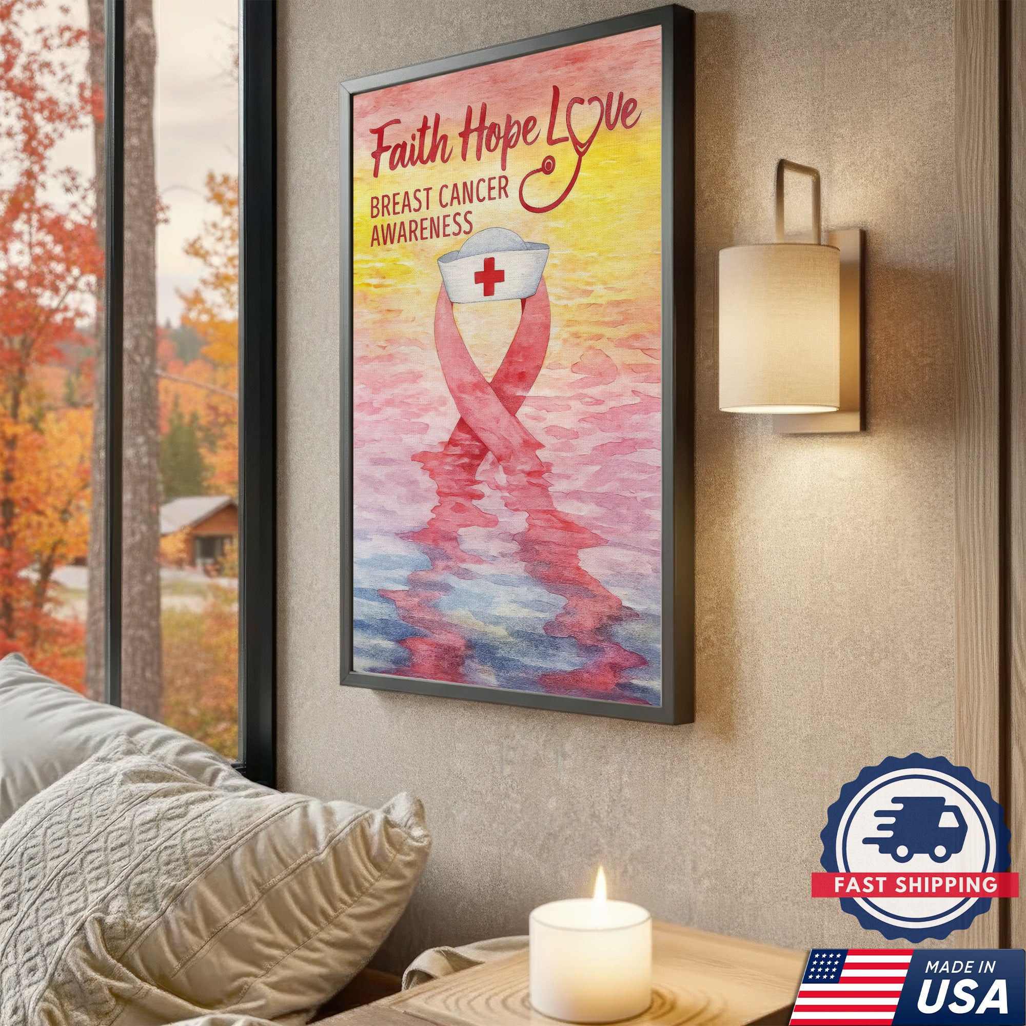 Faith Hope Love Breast Cancer Awareness Canvas, Inspirational Nurse Gift Home Decor, RN LPN CNA Gift