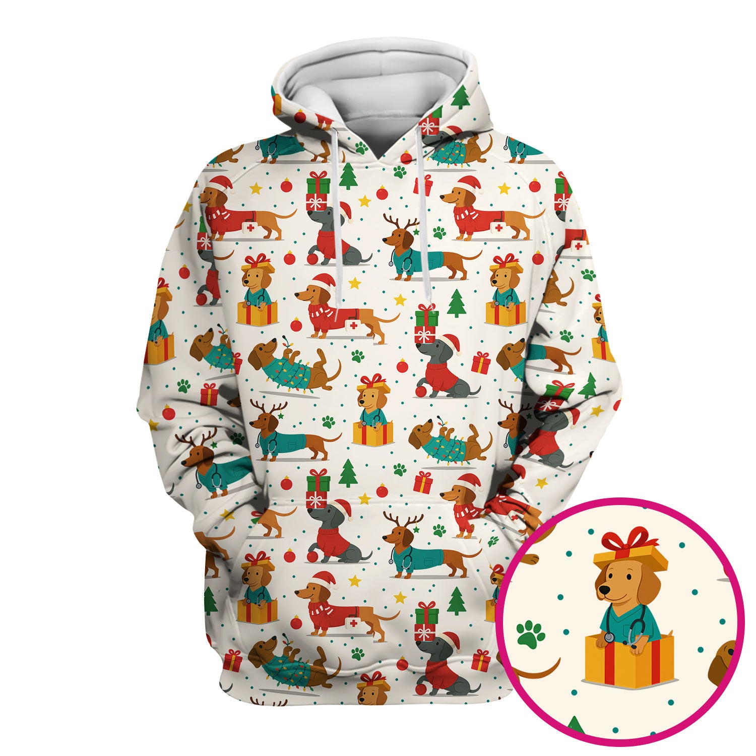 Christmas Dog Scrub Top for Women - Cute Dachshund Nurse Shirt - Holiday Medical Scrubs Gift for CNA RN Doctor