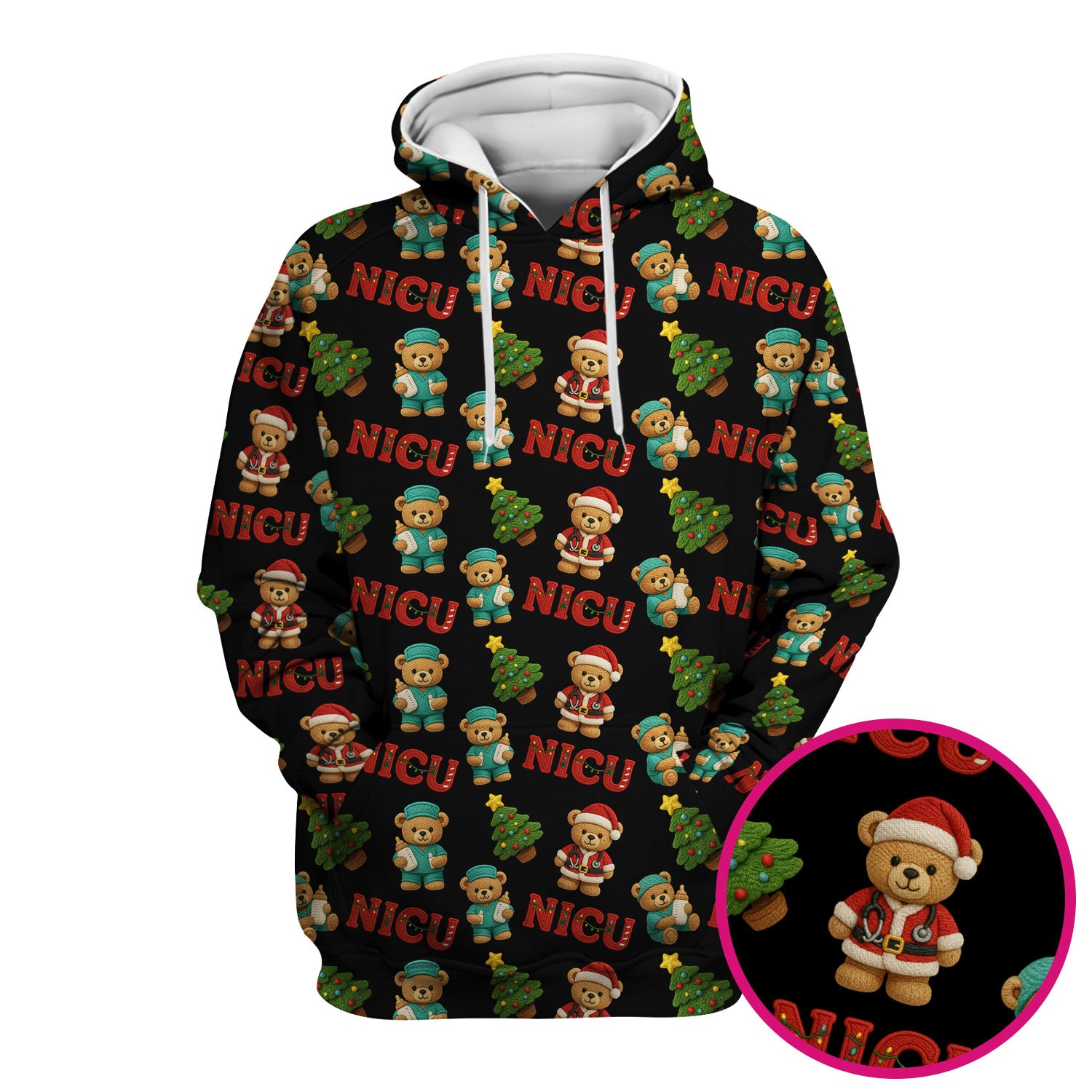 Festive Christmas NICU Nurse Teddy Bear Pattern, Breathable Fabrics Nursing Uniform