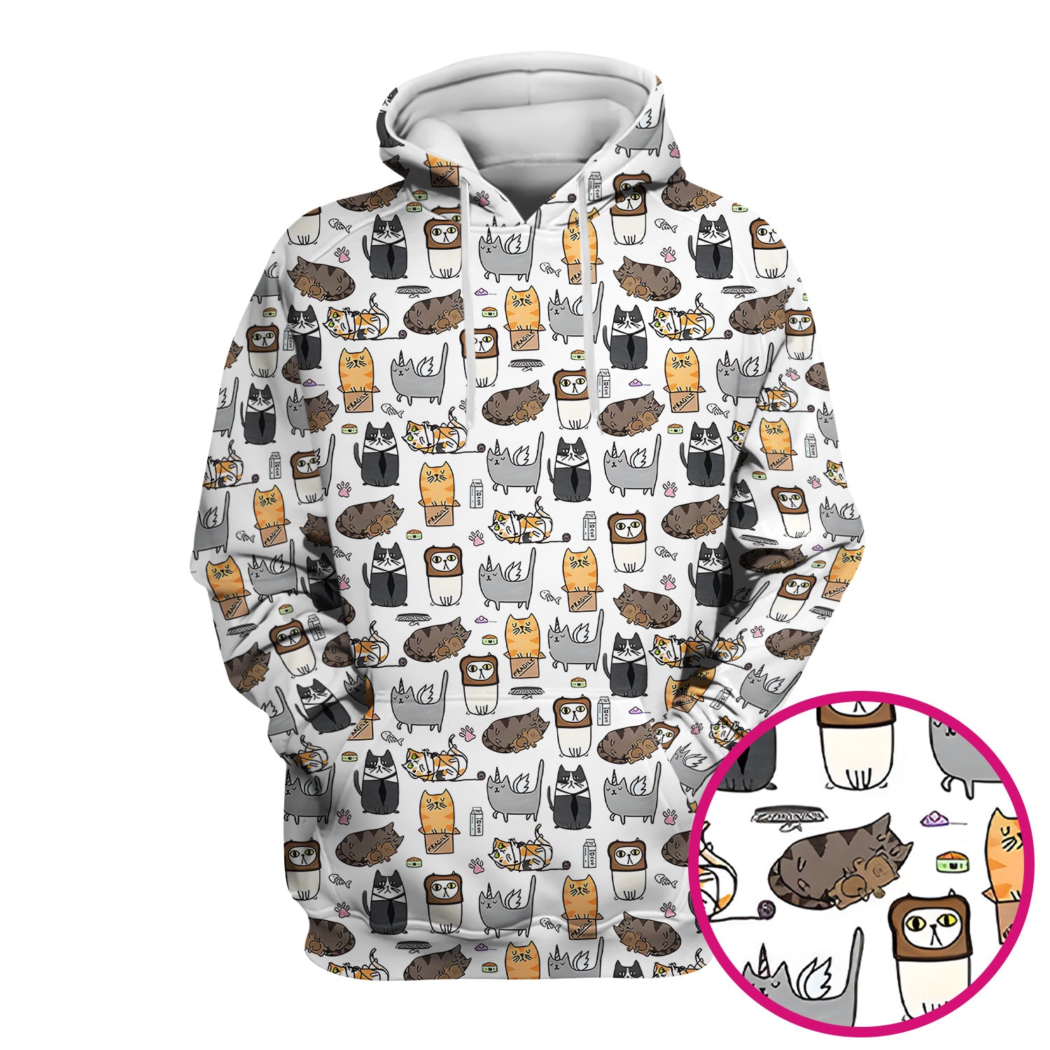 Lazy Cat Doodle Pattern Scrub Top, All Over Cozy Kitty Nursing Uniform for Women