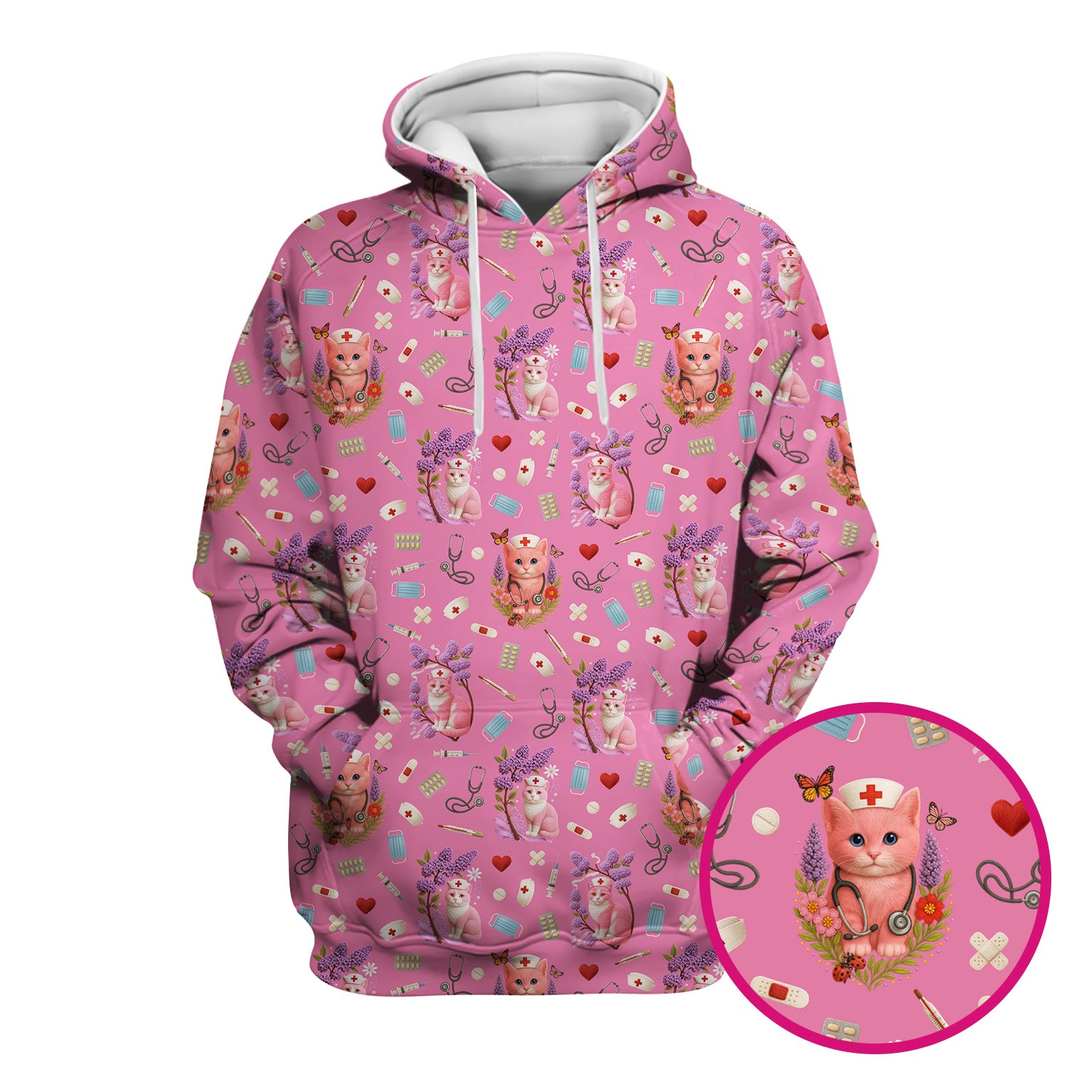 Pink Cat Print Medical Scrub Top - Cute Nurse Shirt for Women - Funny Pattern Gift for RN LPN CNA Healthcare Workers