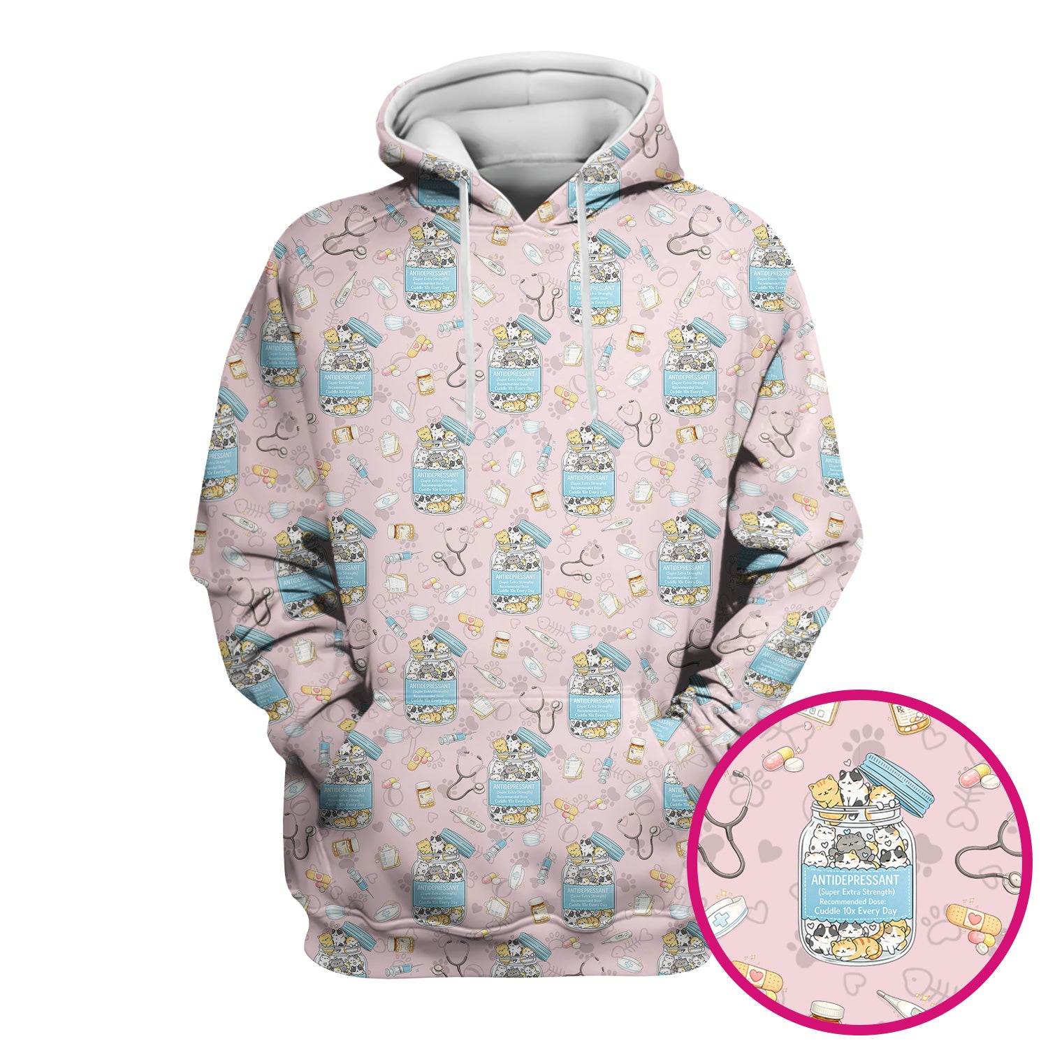 Cute Antidepressant Cat Jar Print Nurse Scrub Top, Breathable Fabrics Nursing Uniform
