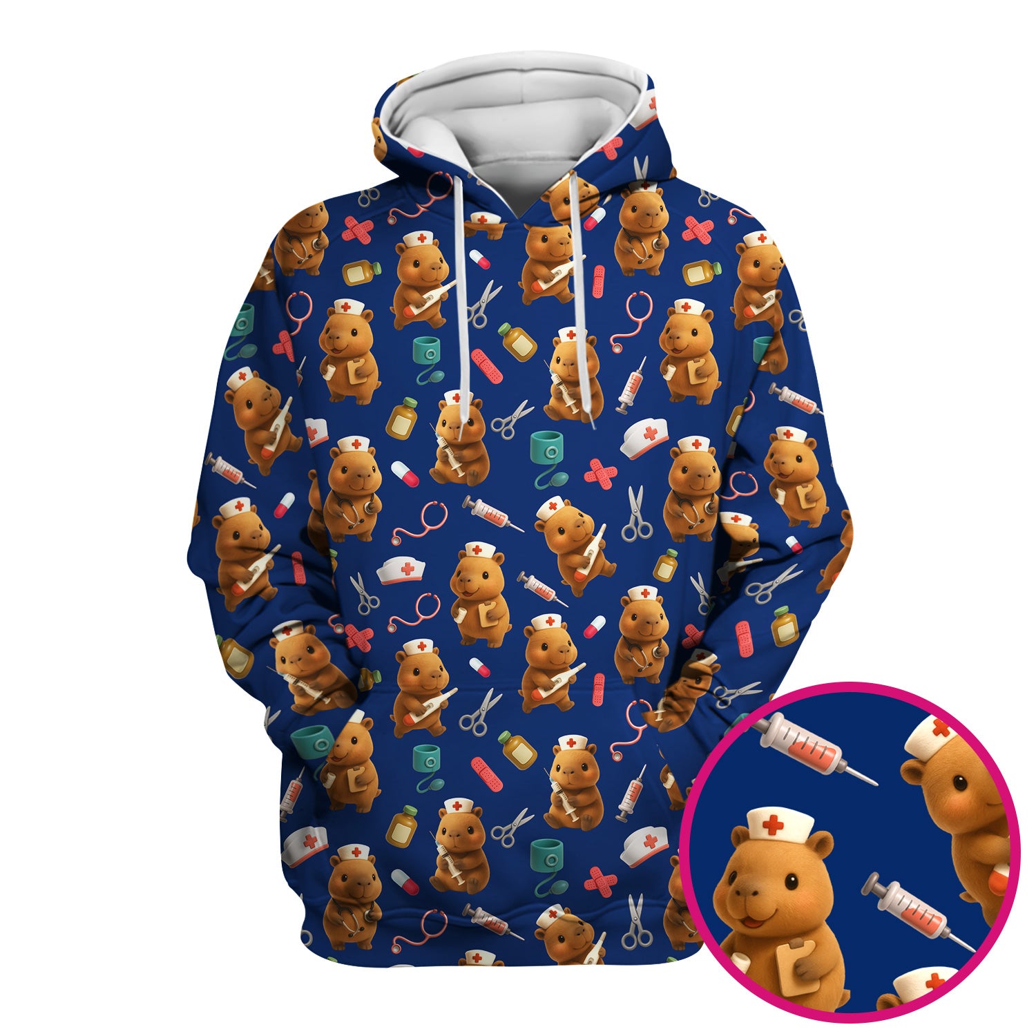 Funny Bear Scrub Top for Women - Nurse Hat and Syringe Pattern Medical Scrubs - Cute Teddy Nurse Shirt Gift for RN CNA LPN