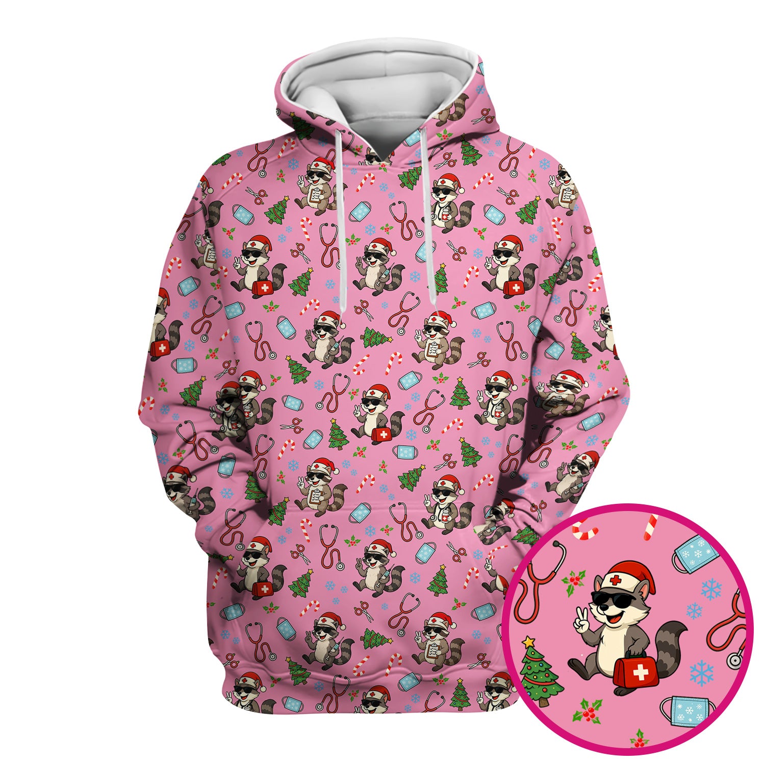 Christmas Scrub Top for Nurses - Funny Raccoon and Medical Tools Pattern - Festive Holiday Nurse Scrubs Shirt Gift for Women RN LPN CNA