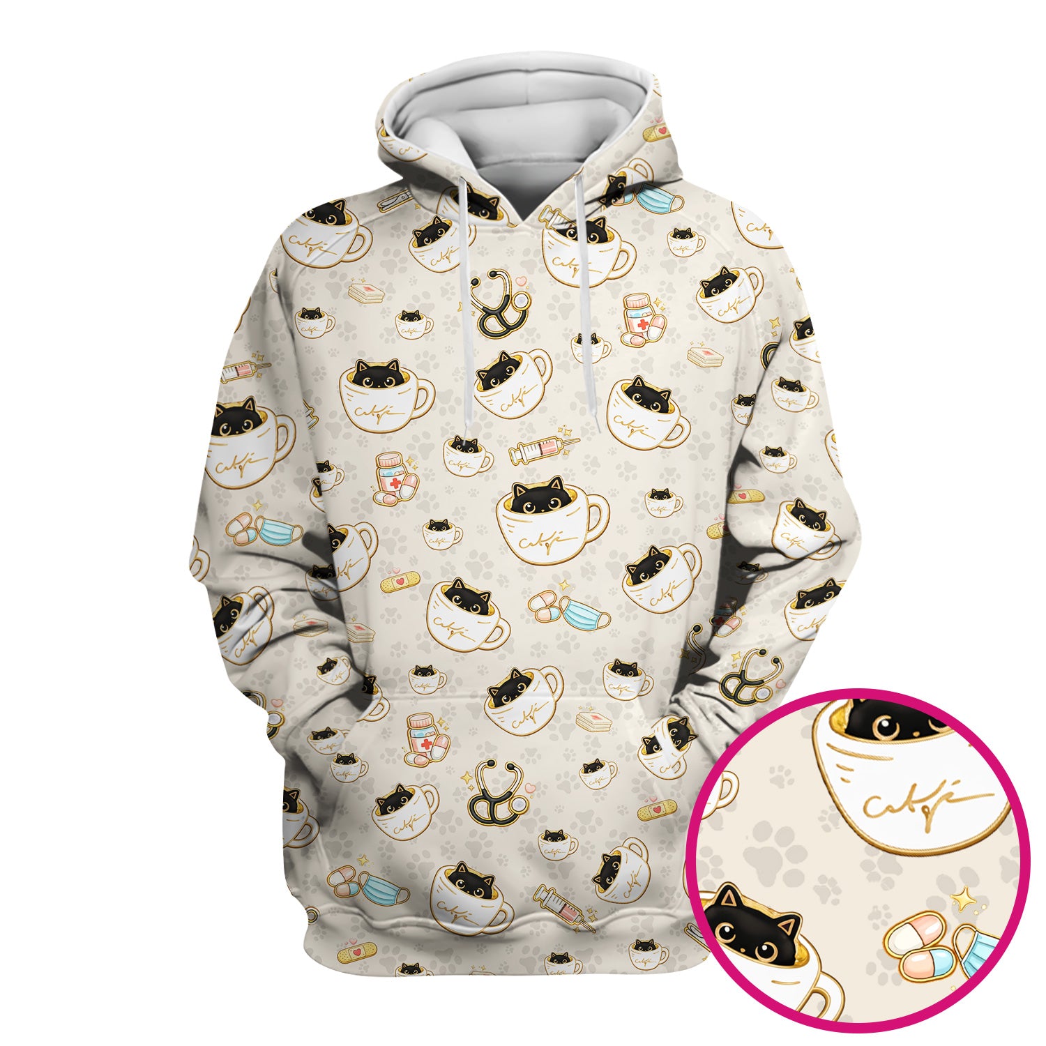 Cute Coffee Cat Medical Print Scrub Top, Breathable Fabrics Nursing Uniform