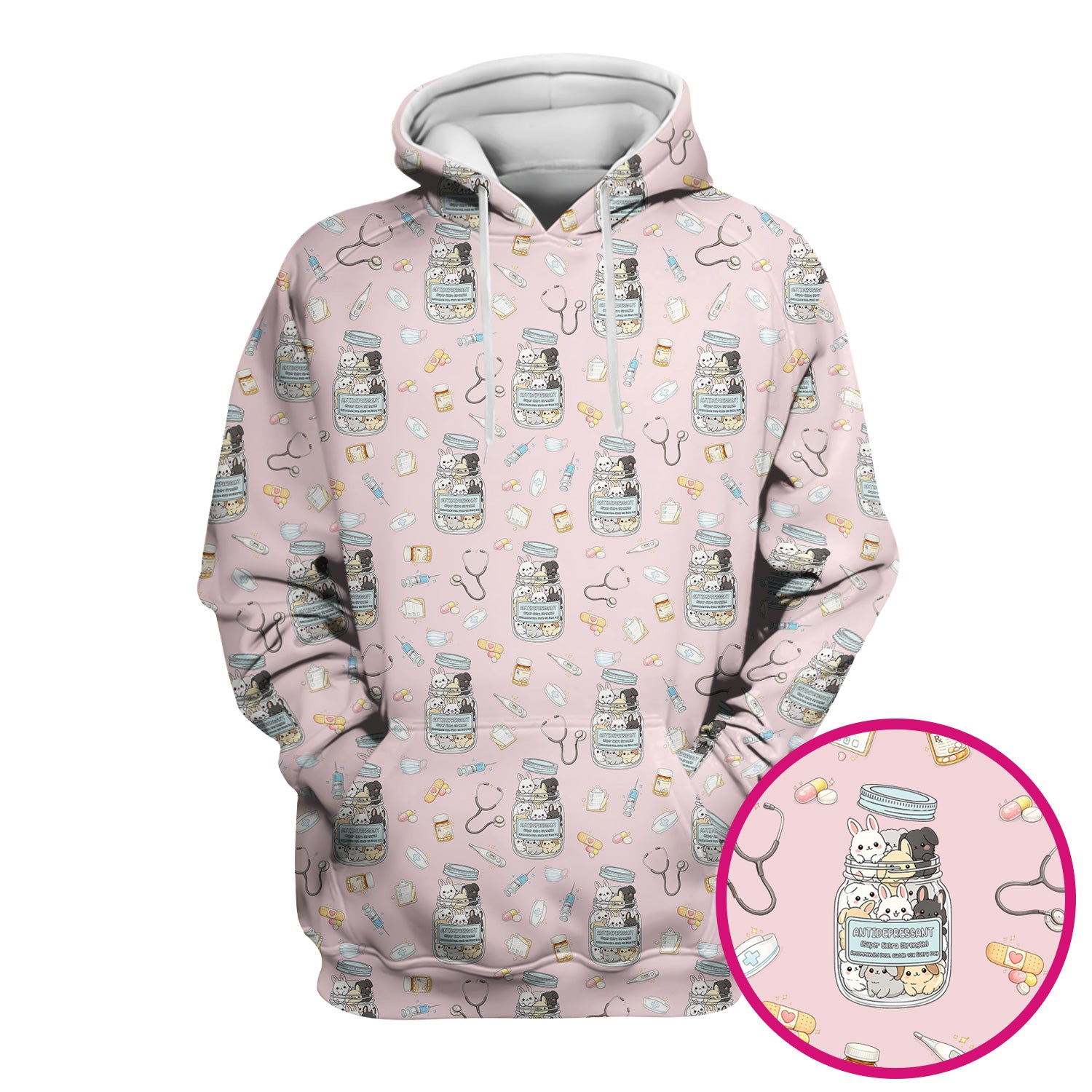 Whimsical Antidepressant Rabbit Jar Design Nurse Scrub Top, Soft & Breathable Workwear