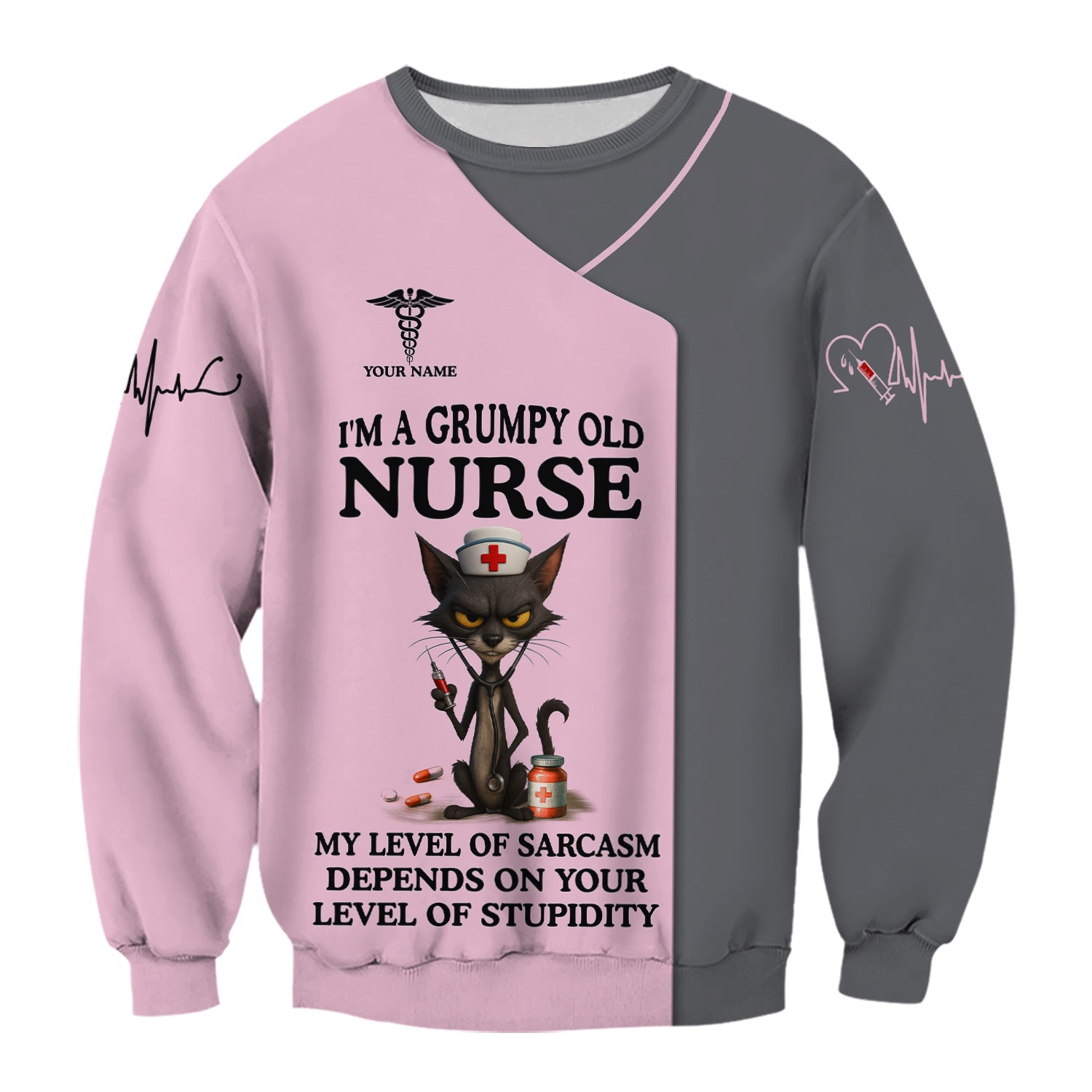 Sarcastic Grumpy Old Nurse Shirt - Black Cat Humo & Caduceus Symbol Design - Personalized Gift for RN LPN CNA Healthcare Workers