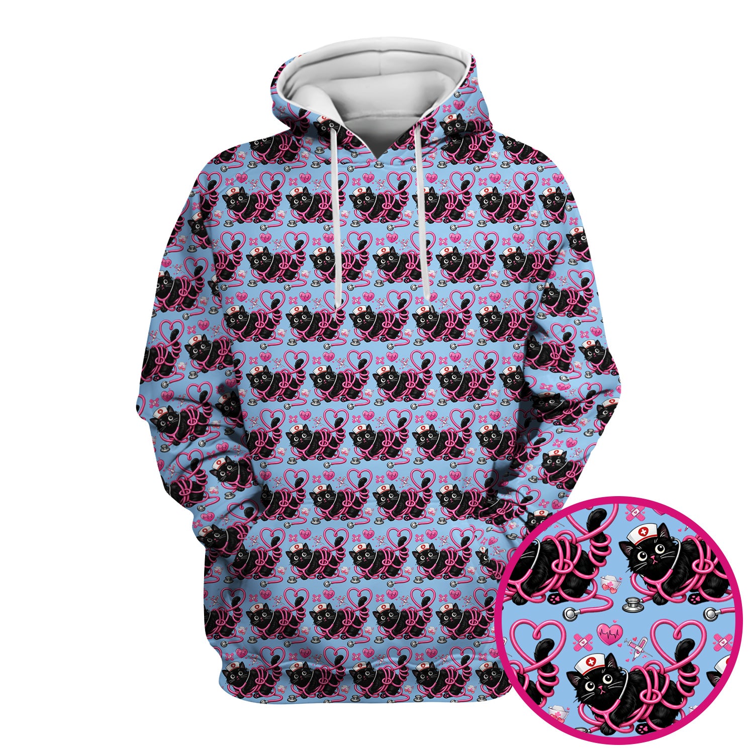Valentine Cute Cat Nurse Heart Print Scrub Top, Comfortable Scrubs for Nurses