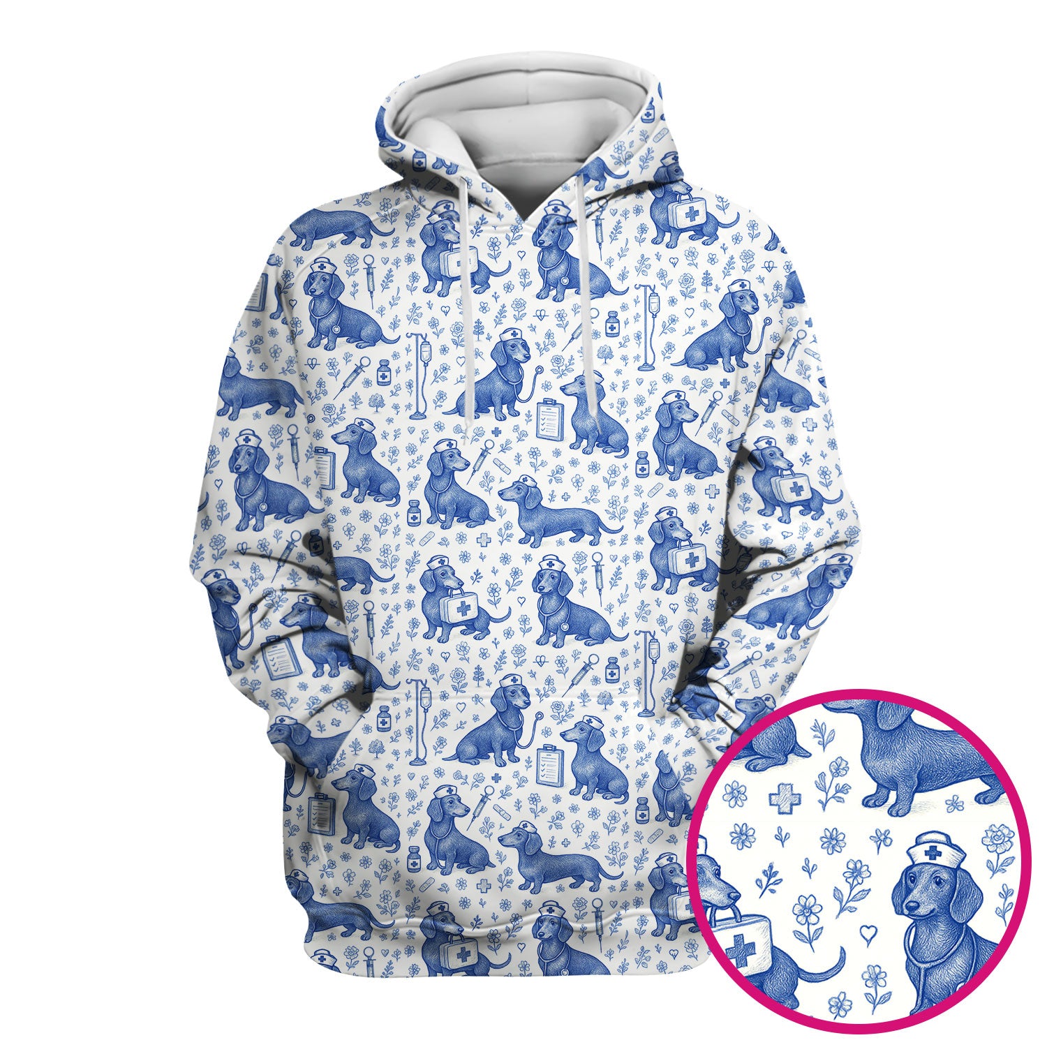 Dachshund Nurse Scrub Top - Cute Dog Pattern Scrubs for Women - Funny Medical Shirt with Vintage Line Art Design