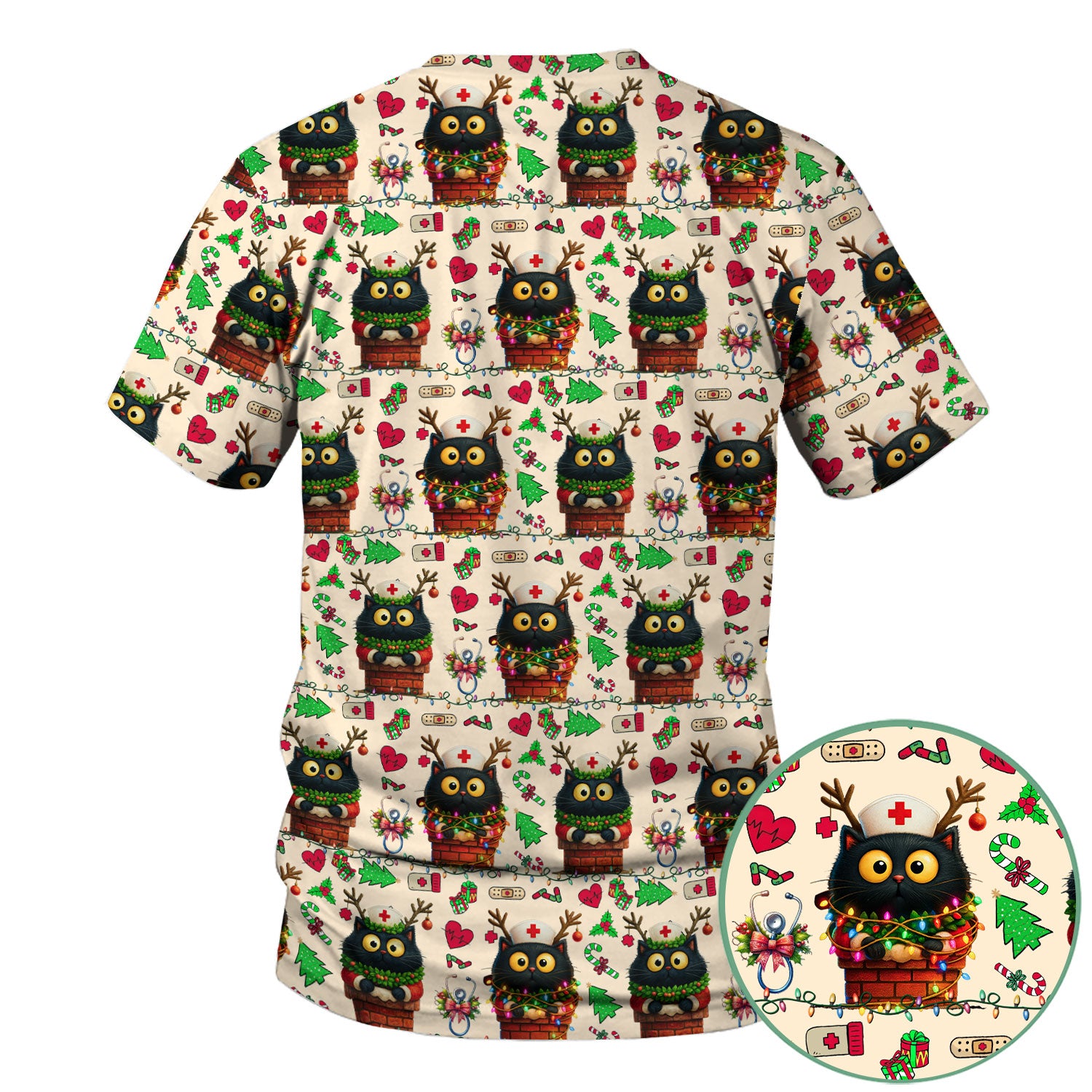 Funny Black Cat Scrub Top for Nurse - Cute Reindeer Cat with Christmas Lights Shirt - Festive Holiday Medical Gift for RN CNA LPN