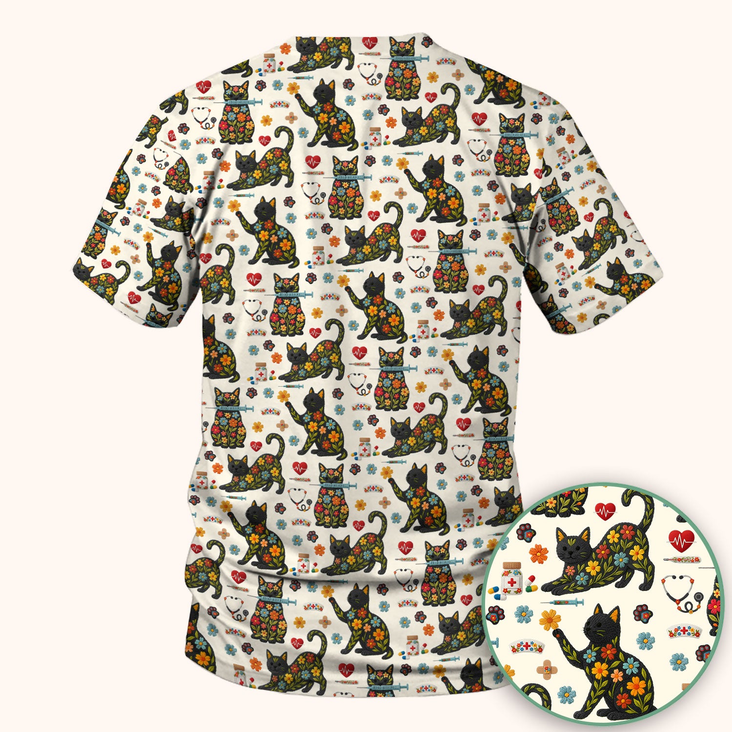 Floral Black Cat Pattern Scrub Top, Cute Cat Nurse Scrub Shirt, Medical Nursing Uniform
