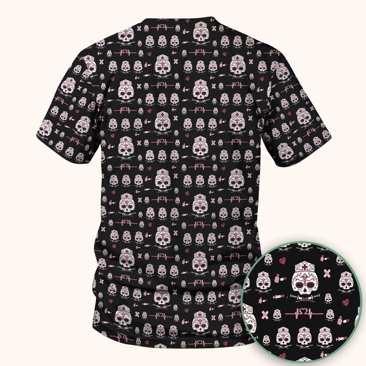 Sugar Skull Scrub Top, Skull Pattern Scrub Shirt, Breathable Fabrics Nursing Uniform
