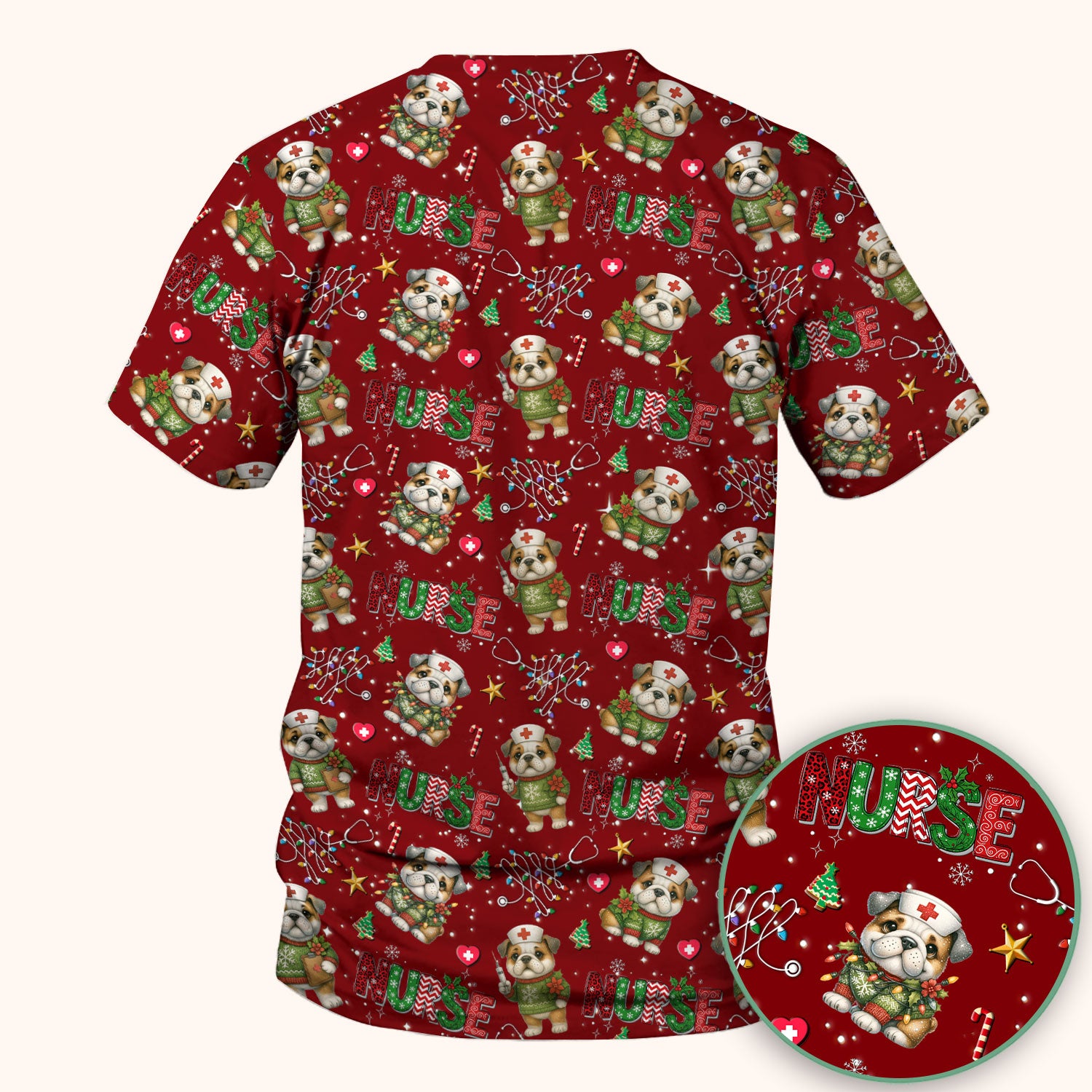 Bulldog Christmas Nurse Scrub Top - Funny Dog Scrub Shirt - Cute Holiday Medical Uniform for Women RN LPN CNA Gift