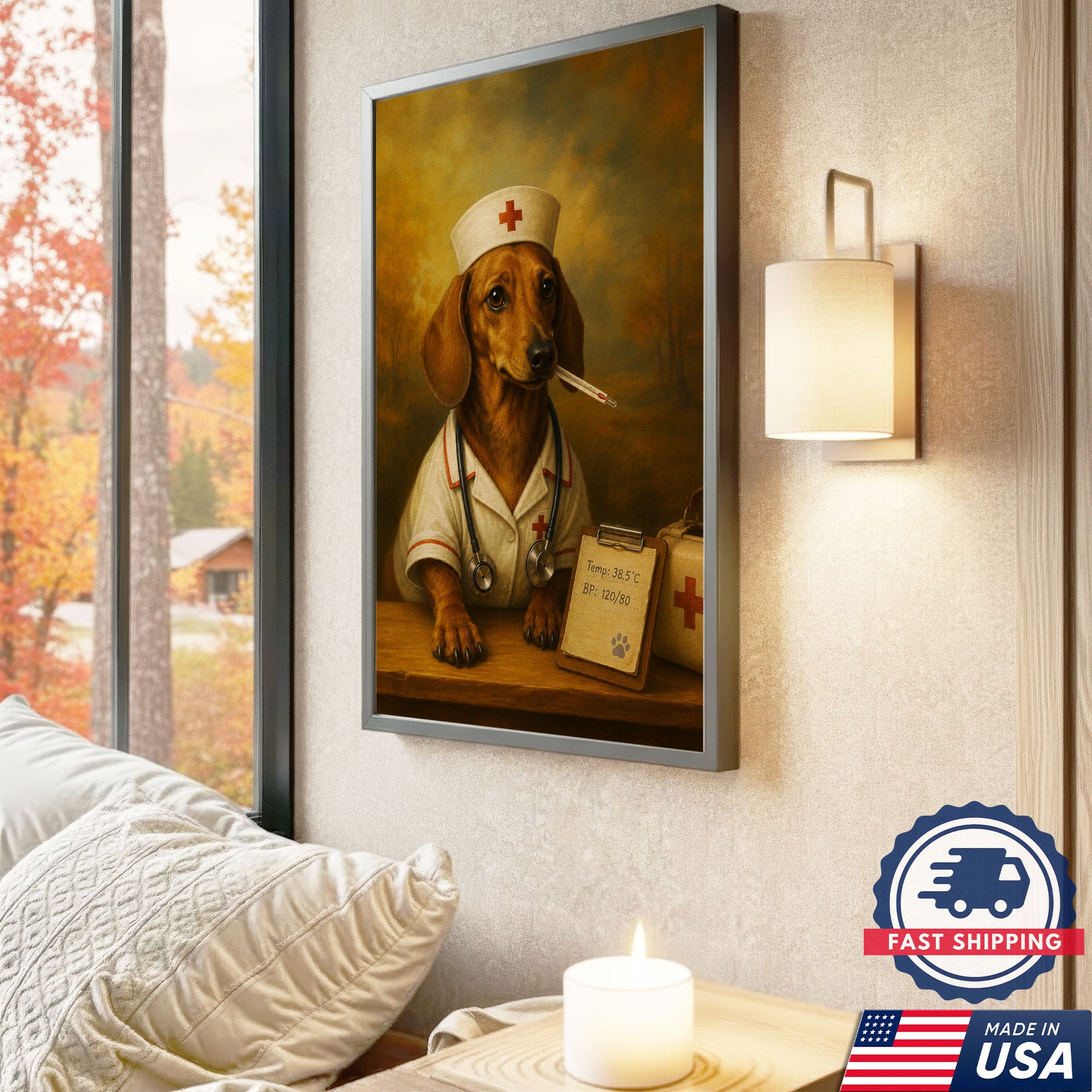 Vintage Nurse Dachshund Portrait Canvas Wall Art, Heartfelt Medical Dog Artwork