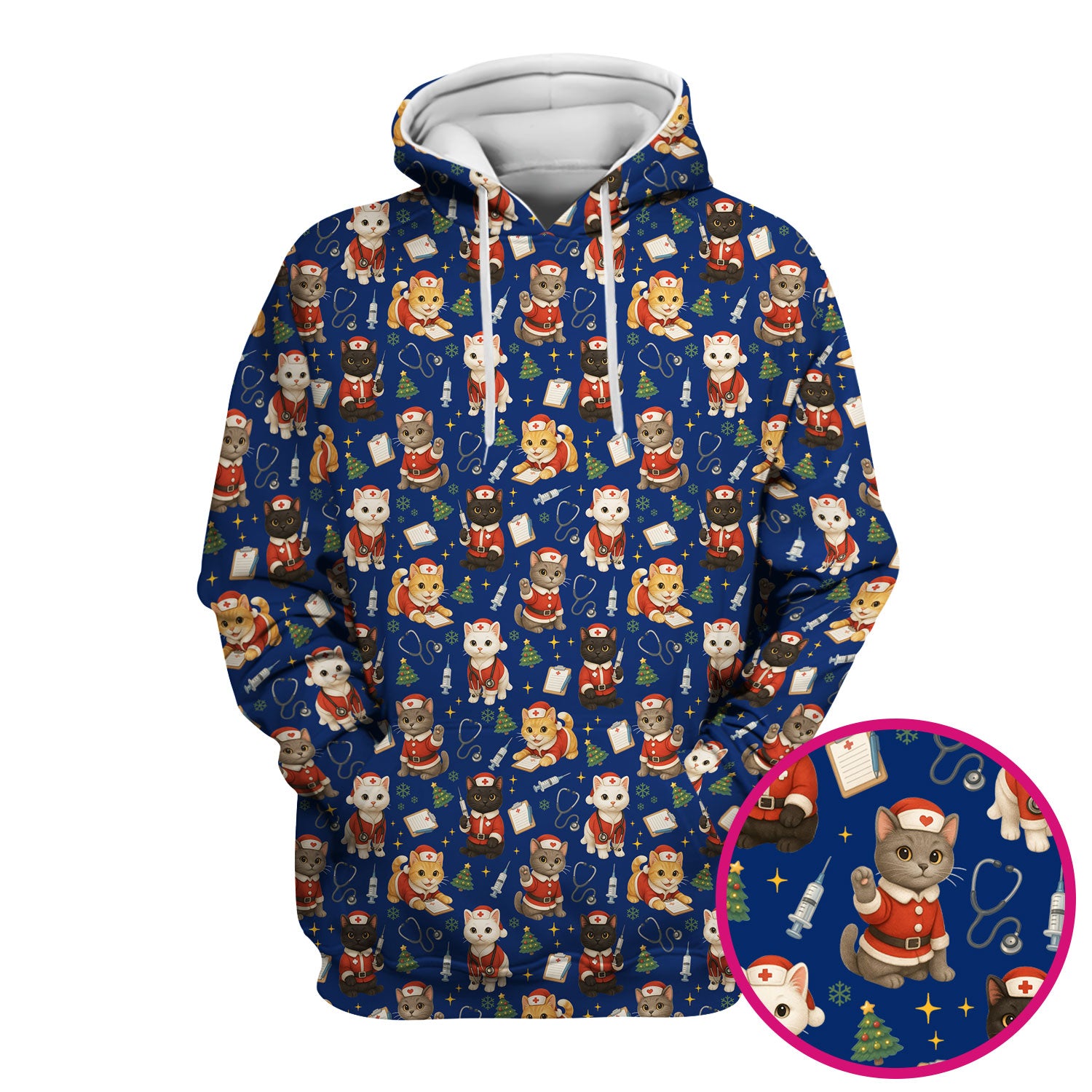 Funny Nurse Scrub Top for Women - Christmas Lucky Cat Design - Cute Holiday Nursing Shirt Gift for RN LPN CNA