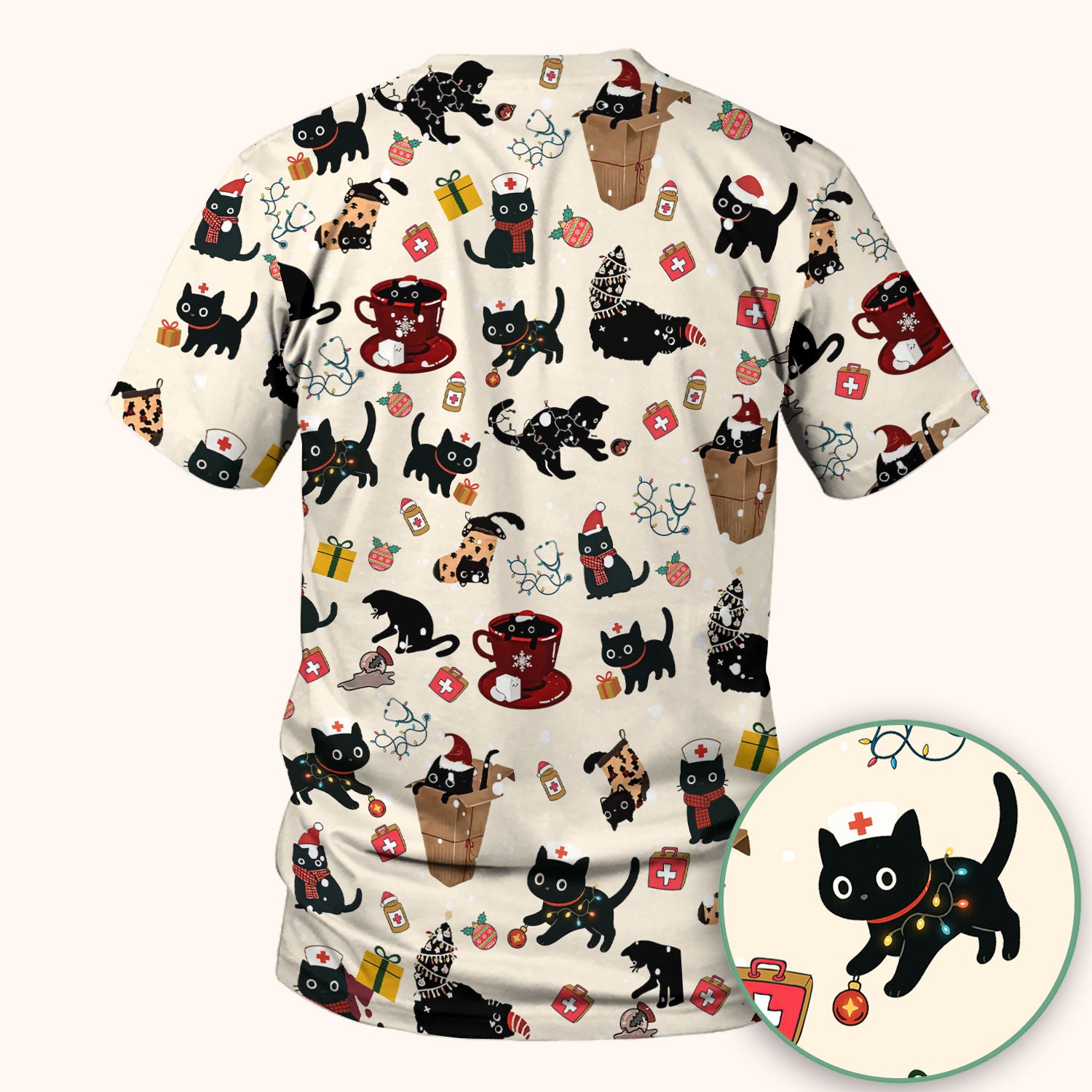 Christmas Cat Scrub Top for Nurse - Funny Black Cats Shirt - Cute Holiday Medical Uniform for Women