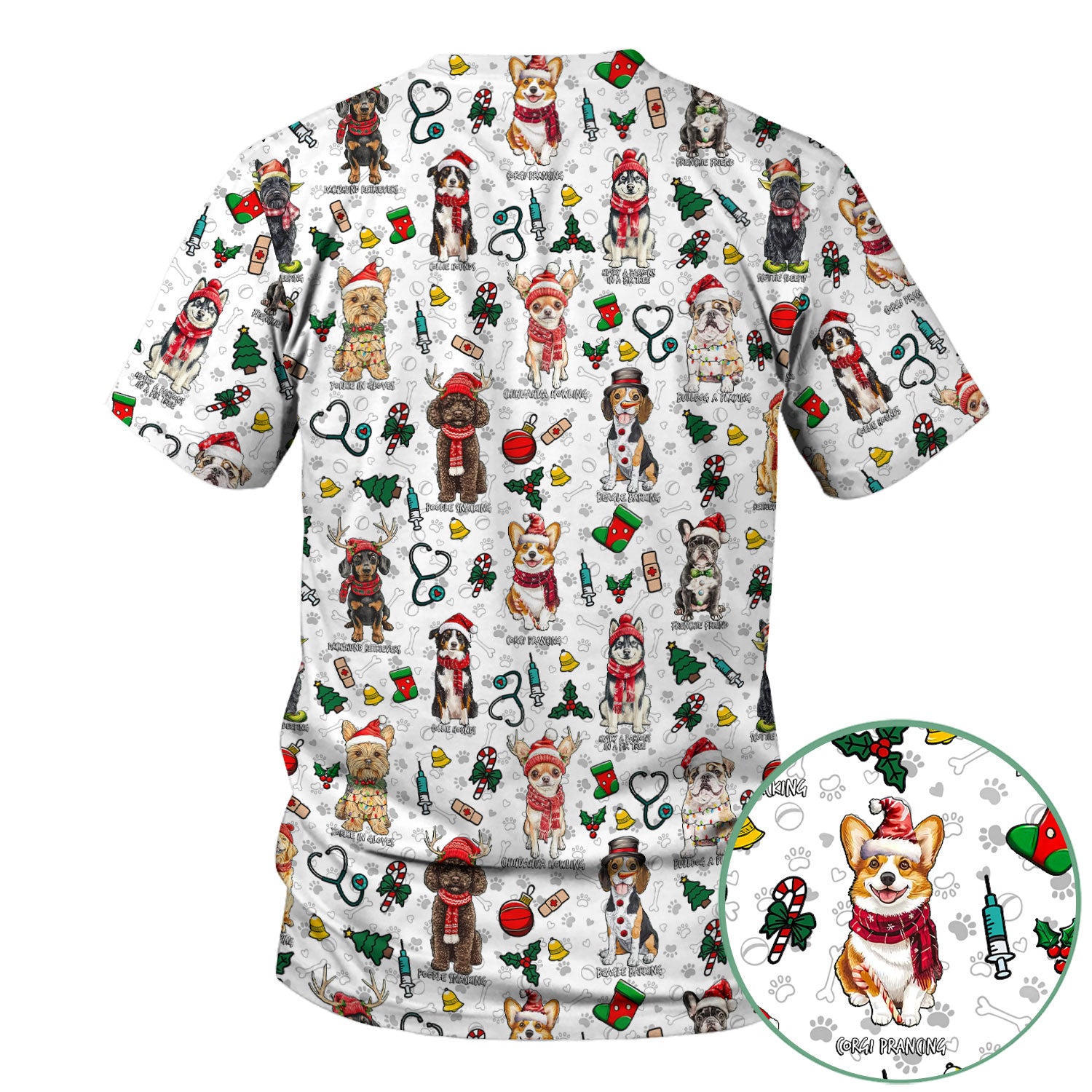 Cute Christmas Dog Scrubs for Nurses - Corgi, Dachshund, Husky, Poodle & Labrador - Funny Holiday Medical Scrub Top for Women