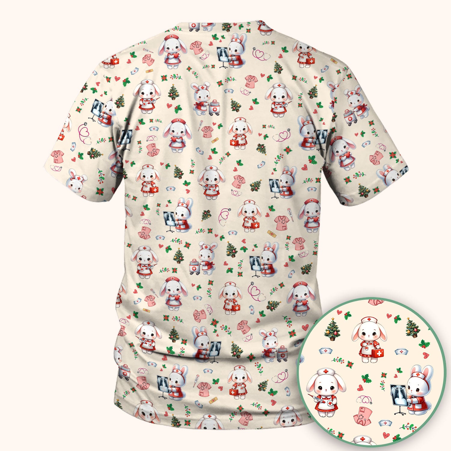 Cute Bunny Scrub Top for Nurse - Adorable Christmas Rabbit Shirt - Funny Holiday Medical Shirt Gift for Women RN LPN CNA