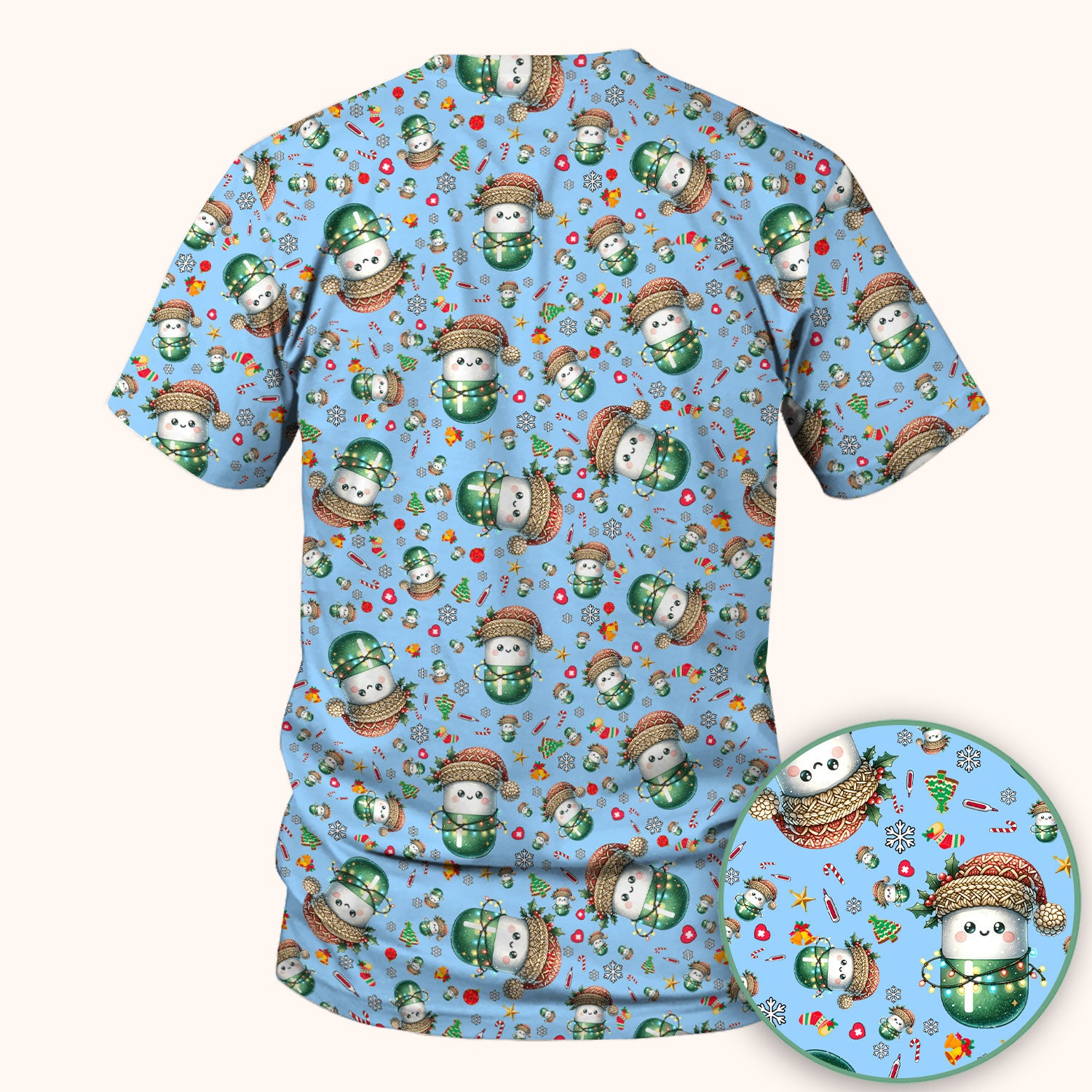 Pharmacy Tech Christmas Scrub Top – Cute Green Snowman Print Nurse Outfit – Funny Holiday Medical Uniform for Pharmacists
