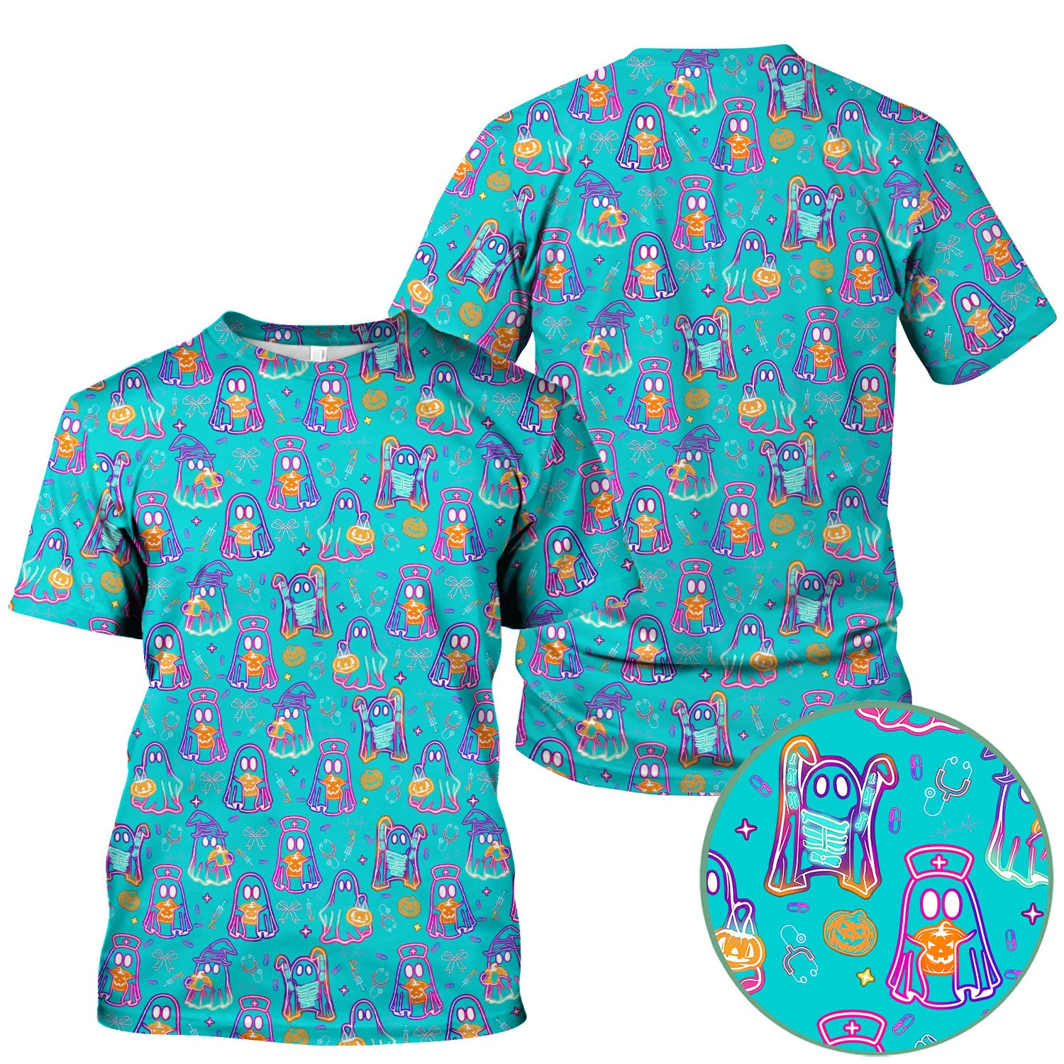 Halloween Nurse Scrub Top for Women - Cute Neon Ghost Medical Uniform - Funny Spooky Nursing Shirt RN CNA LPN Gift