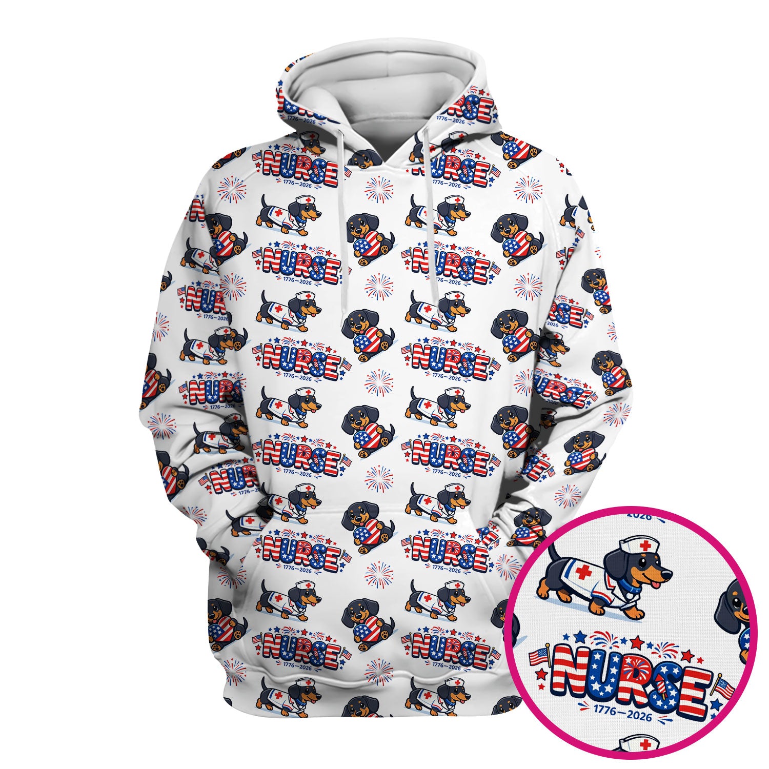 Proud Nurse Patriotic Dachshund Medical Firework Pattern Scrub Top, Comfortable Scrubs for Nurses
