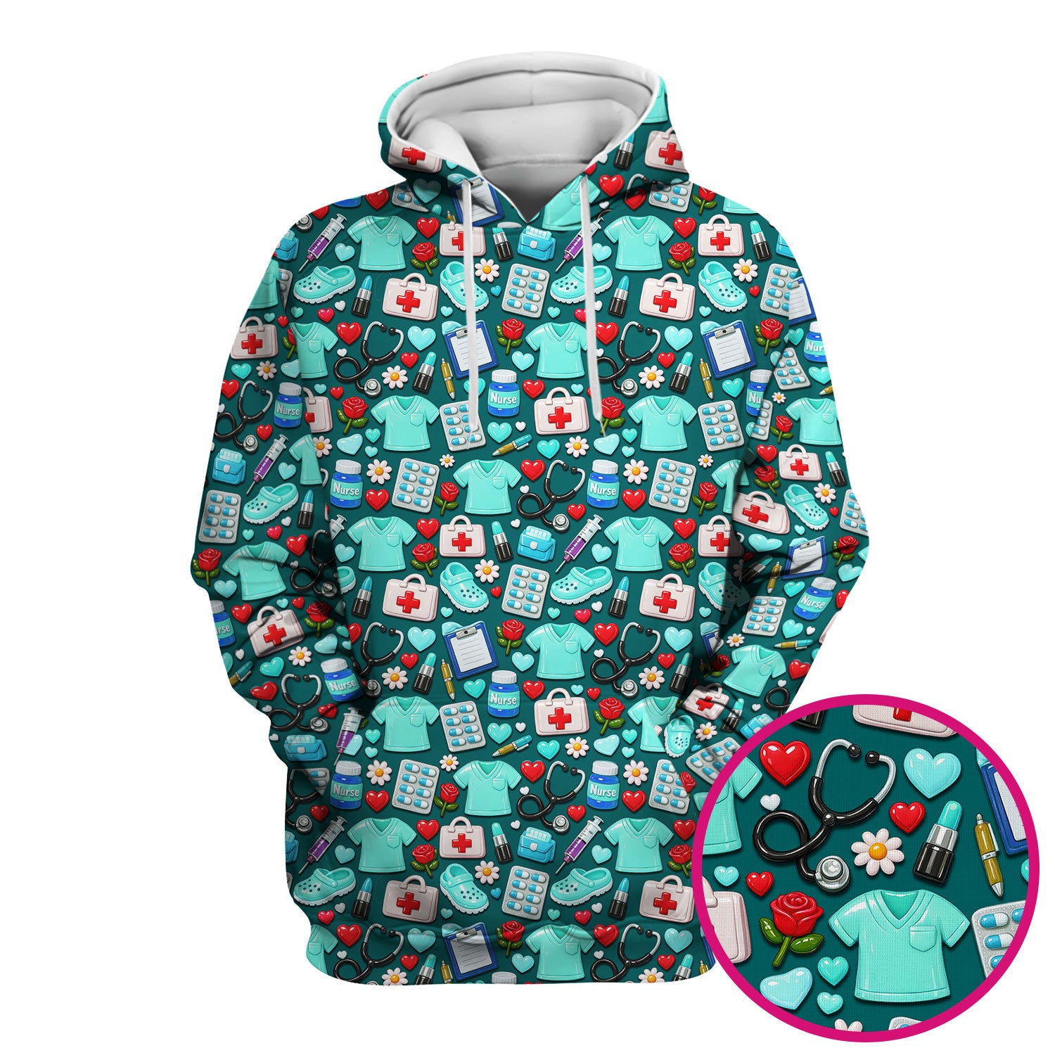 Medical Icons Scrub Top, Cute Pattern Nurse Shirt, Breathable Fabrics Nursing Uniform