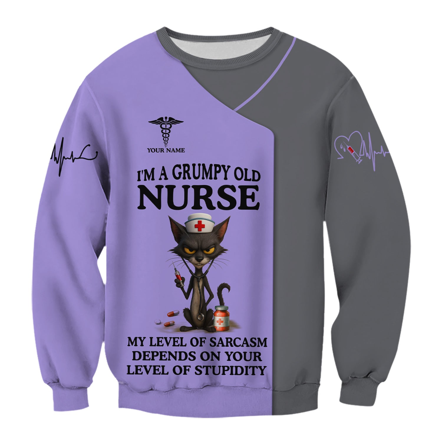 Sarcastic Grumpy Old Nurse Shirt - Black Cat Humo & Caduceus Symbol Design - Personalized Gift for RN LPN CNA Healthcare Workers