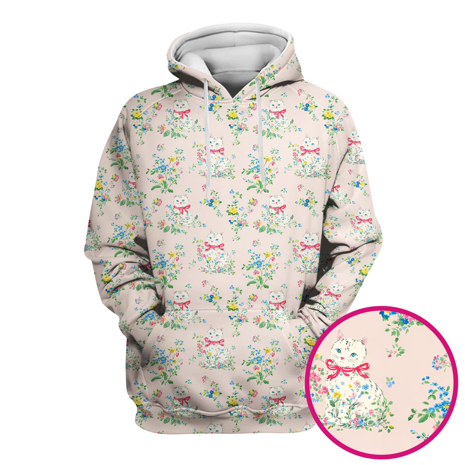 Vintage Floral Cat Print Scrub Top, Comfortable Scrubs for Nurses
