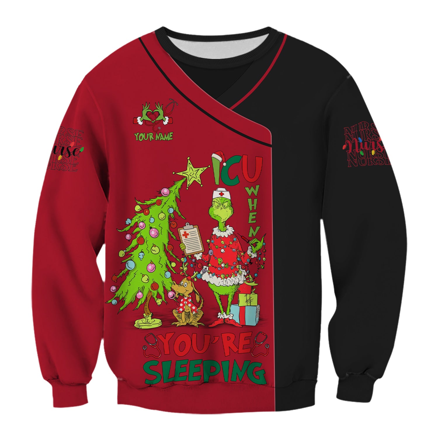 Custom Name Christmas Nurse Scrub - Grinch ICU When You’re Sleeping - LPN CNA RN Gift