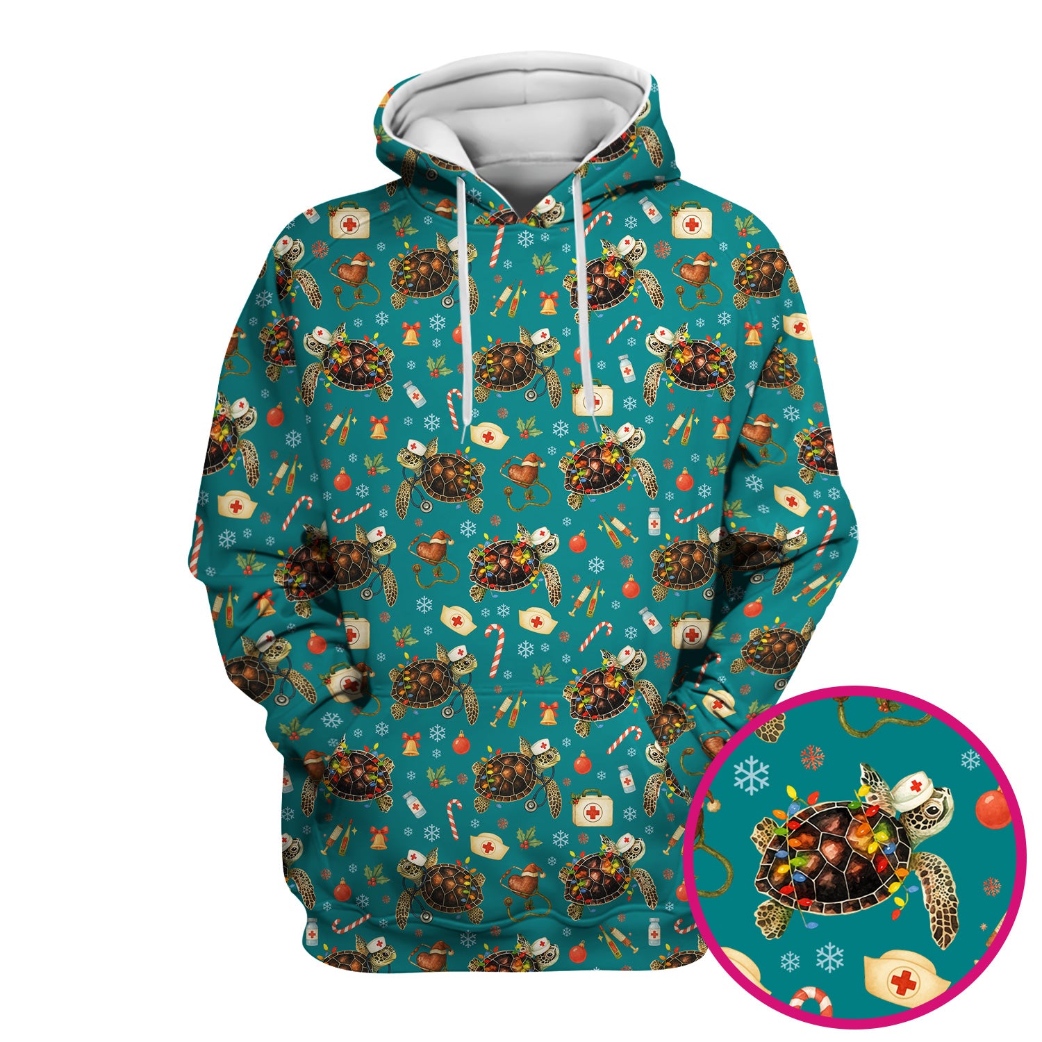 Funny Christmas Scrub Top - Sea Turtle with Xmas Lights Shirt - Holiday Nurse Scrubs for Women