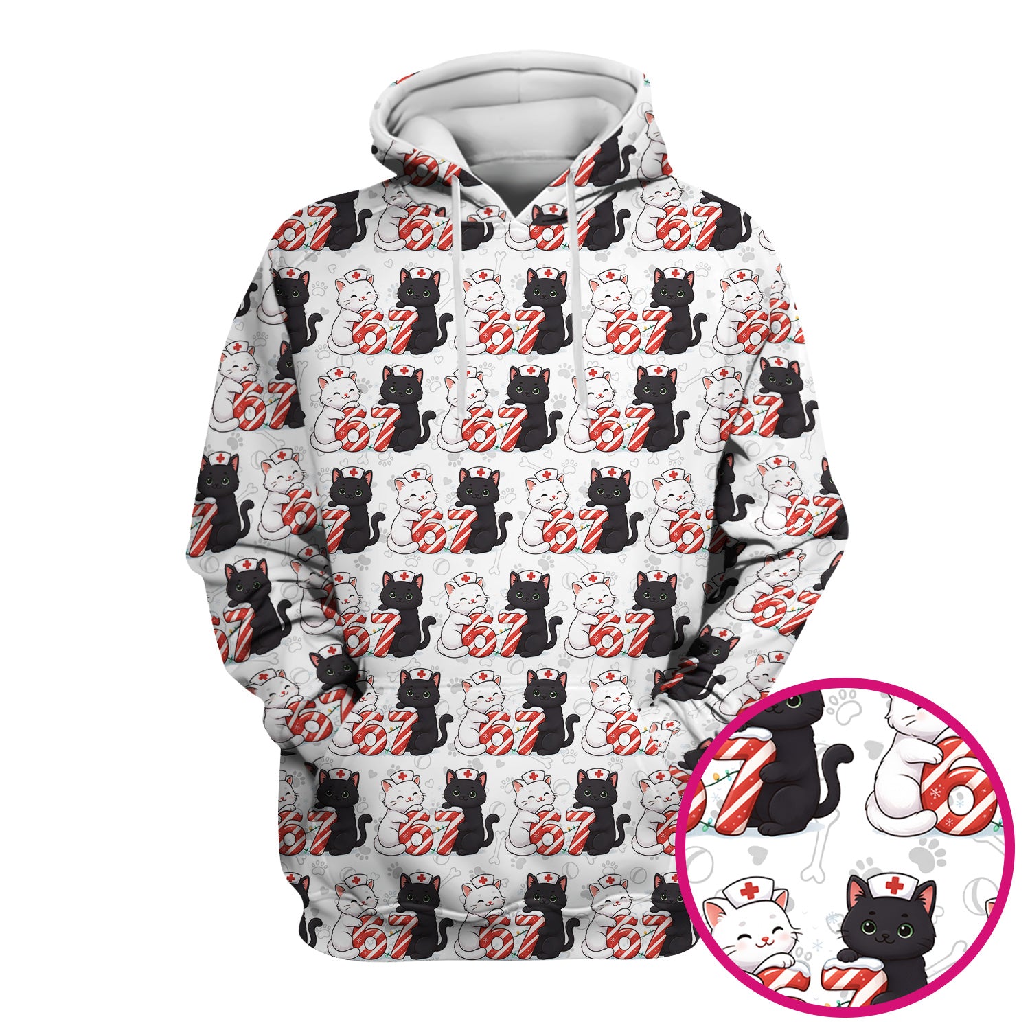 Xmas Cat Pattern Scrub Top, Christmas Nurse Six Seven With Cat Scrub Shirt, Breathable Fabrics Nursing Uniform
