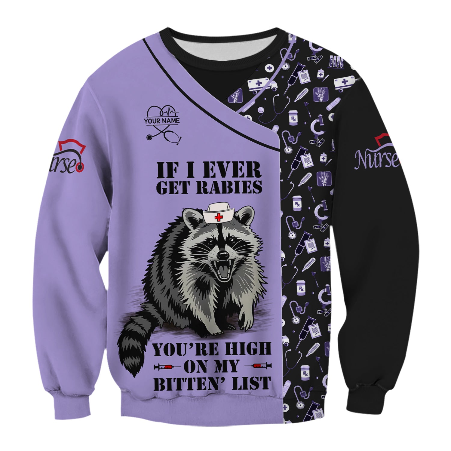 Personalized Funny Nurse Scrub for Women - Raccoon Nurse Graphic Design - Medical Gift for RN LPN CNA Healthcare Staff