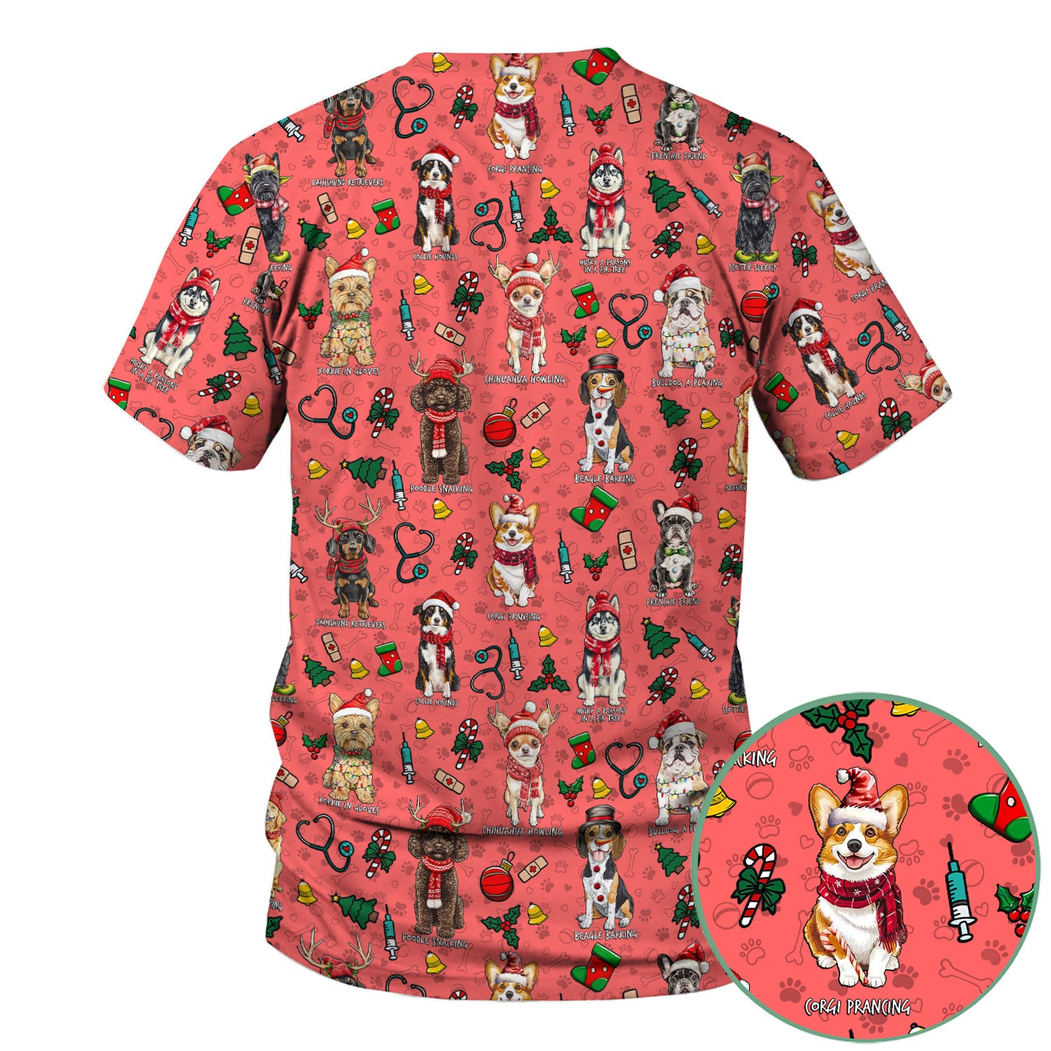 Cute Christmas Dog Scrubs for Nurses - Corgi, Dachshund, Husky, Poodle & Labrador - Funny Holiday Medical Scrub Top for Women
