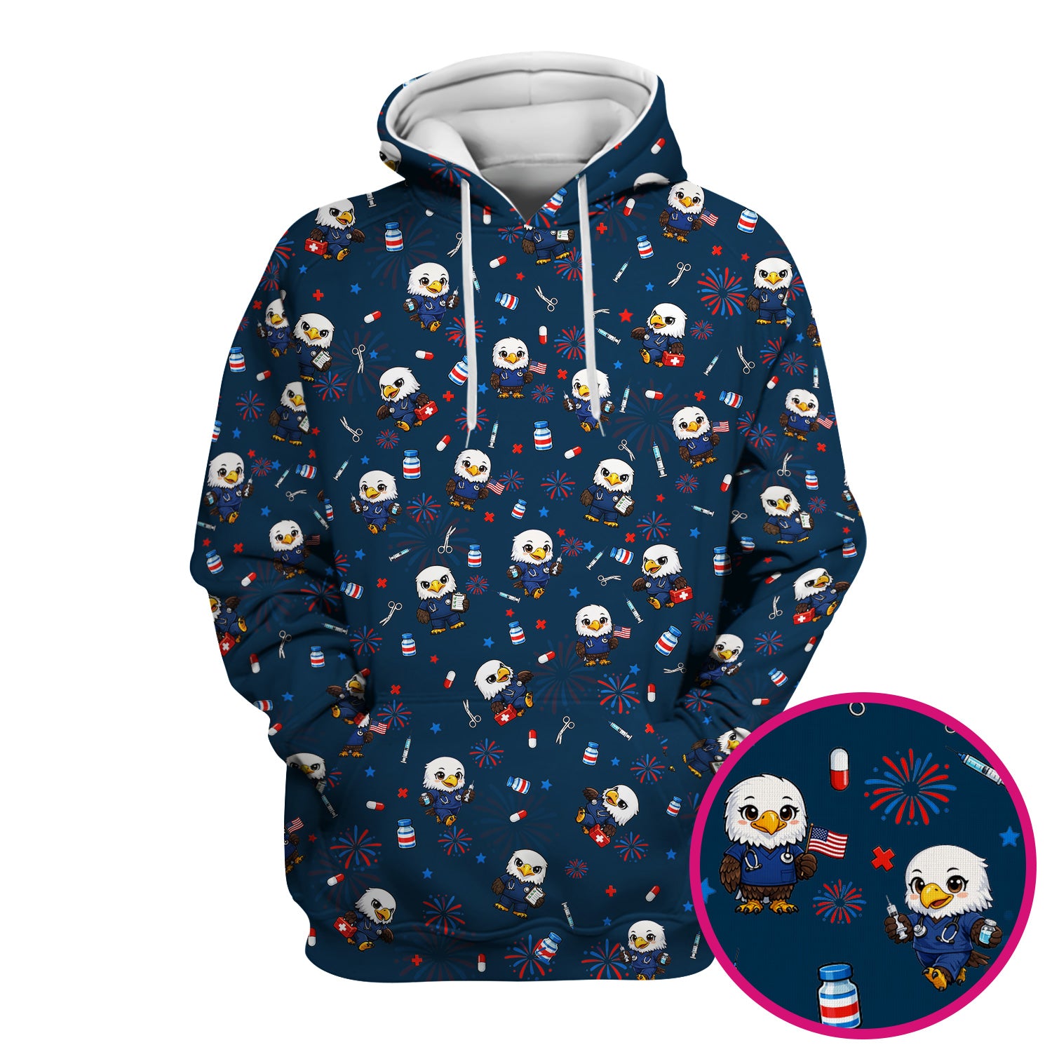 Patriotic Nurse Eagle Fireworks Medical Pattern Scrub Top, Breathable Fabrics Nursing Uniform