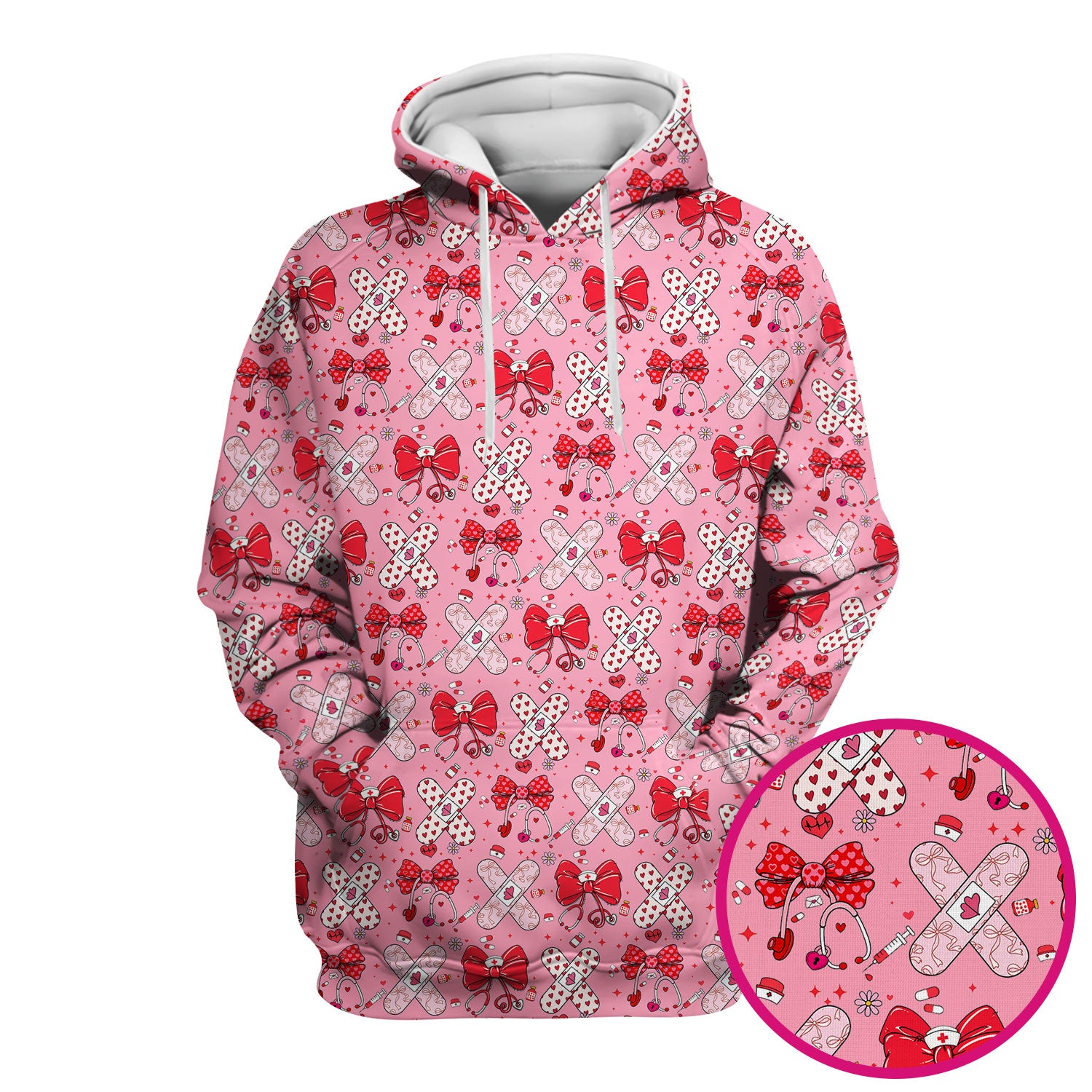 Valentine Nurse Scrub Top, Red Bow And Heart Bandage Pattern Medical Shirt, Breathable Fabrics Nursing Uniform